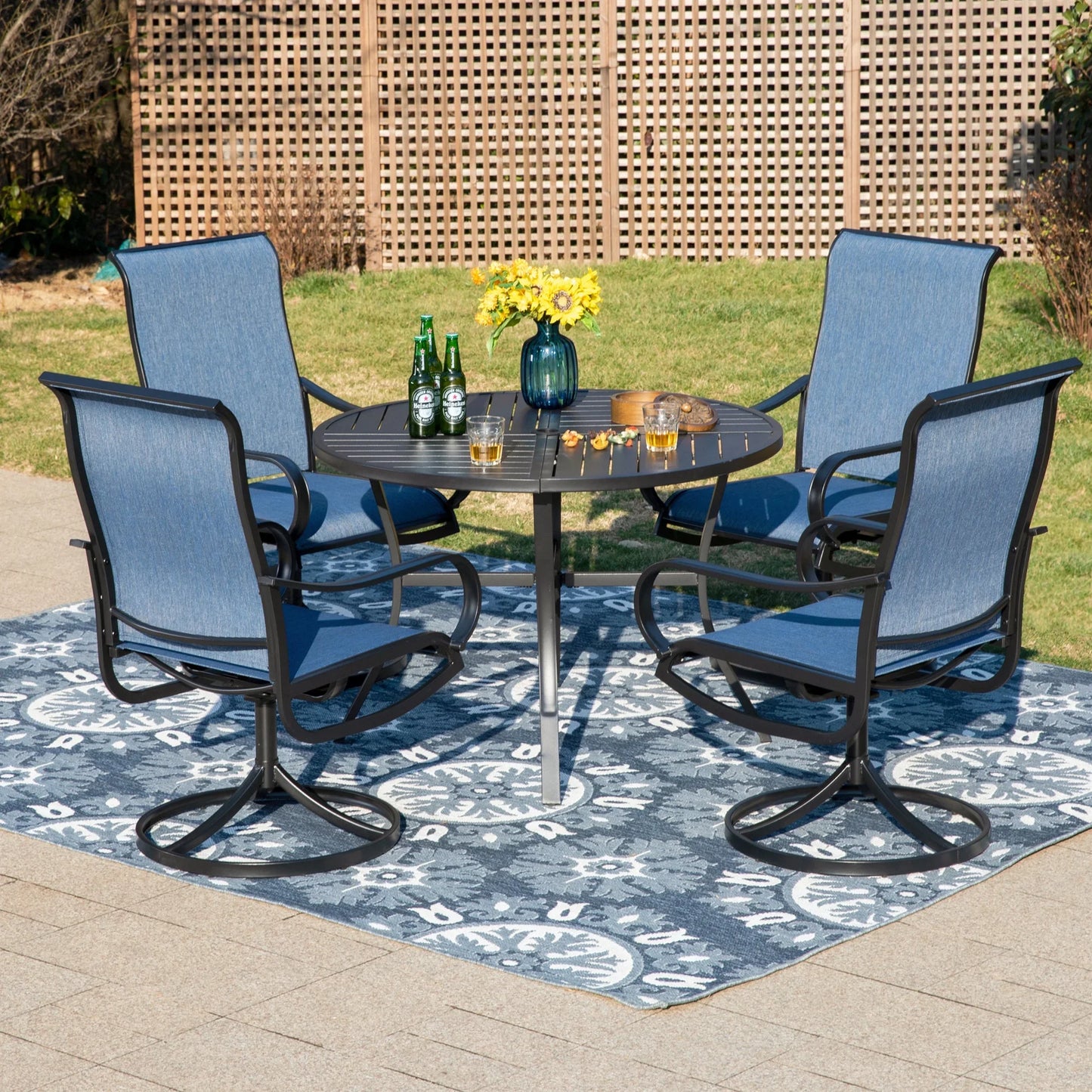 MAISON ARTS 5-Piece Outdoor Patio Dining Set with High-Back Swivel Sling Chairs & Round Table for 4-Person, Textilene Seat, Black & Blue