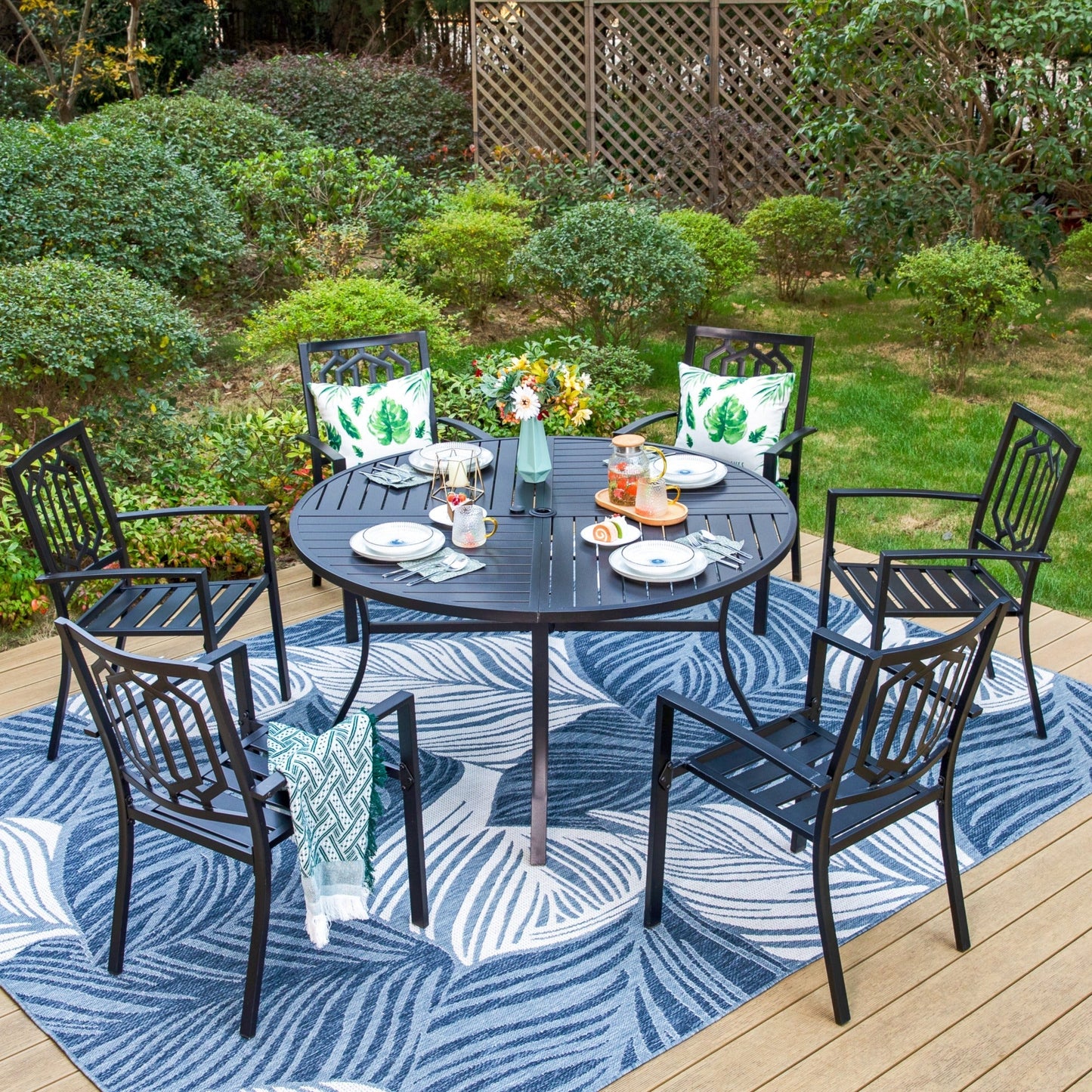 MAISON ARTS 7-Piece Outdoor Patio Dining Set with 6-Person Round Table & Stacking Chairs, Geometric Pattern, Black