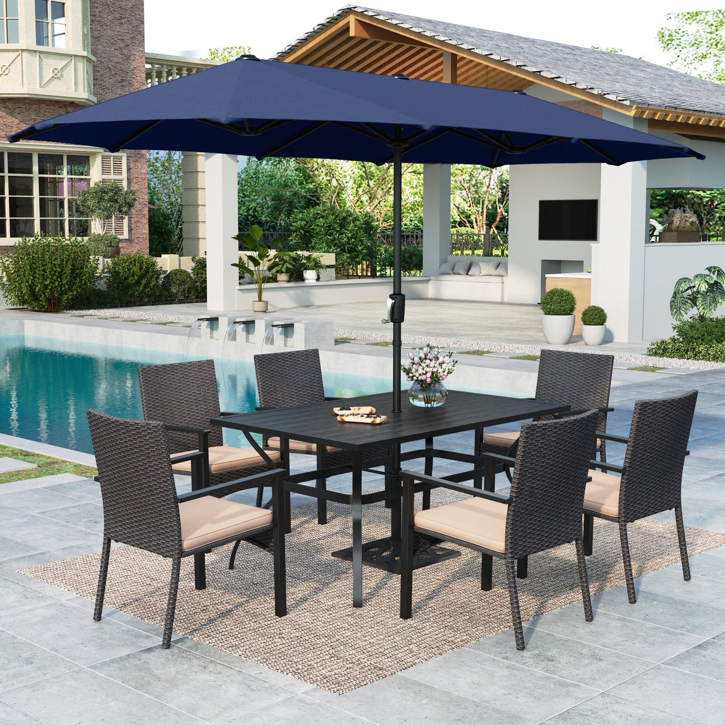 MAISON ARTS 8 Pieces Outdoor Dining Set with 13ft Navy Blue Umbrella, 6 Rattan Chairs and Rectangular Table
