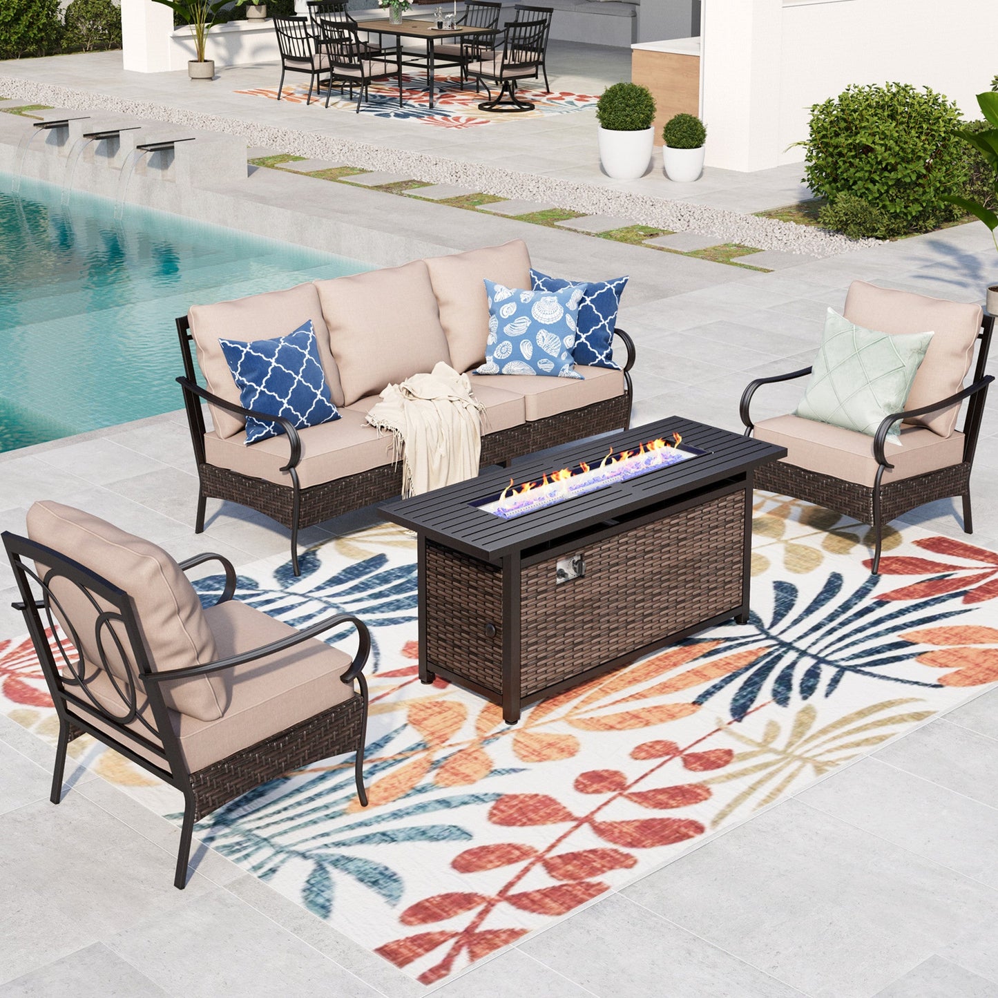 MAISON ARTS 4-piece Patio Wicker Conversation Set with 3-Seat Sofa, 2 Club Chairs & 50000 BTU Fire Pit Table, Black Steel Frame & Beige Cushions