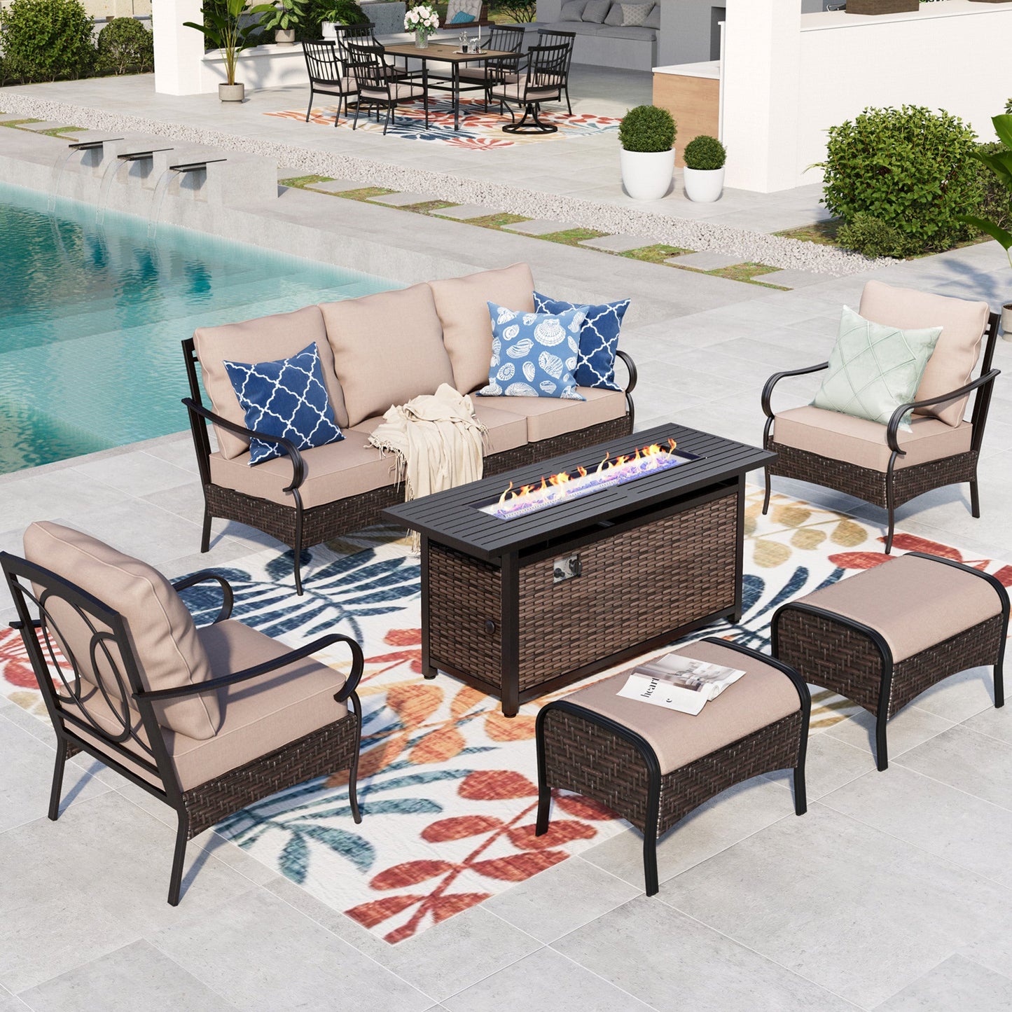 MAISON ARTS 6-piece Patio Conversation Set with 3-Seat Sofa, 2 Lounge Chairs, 2 Ottomans & 50000 BTU Fire Pit Table, Black Steel Frame & Beige Cushions