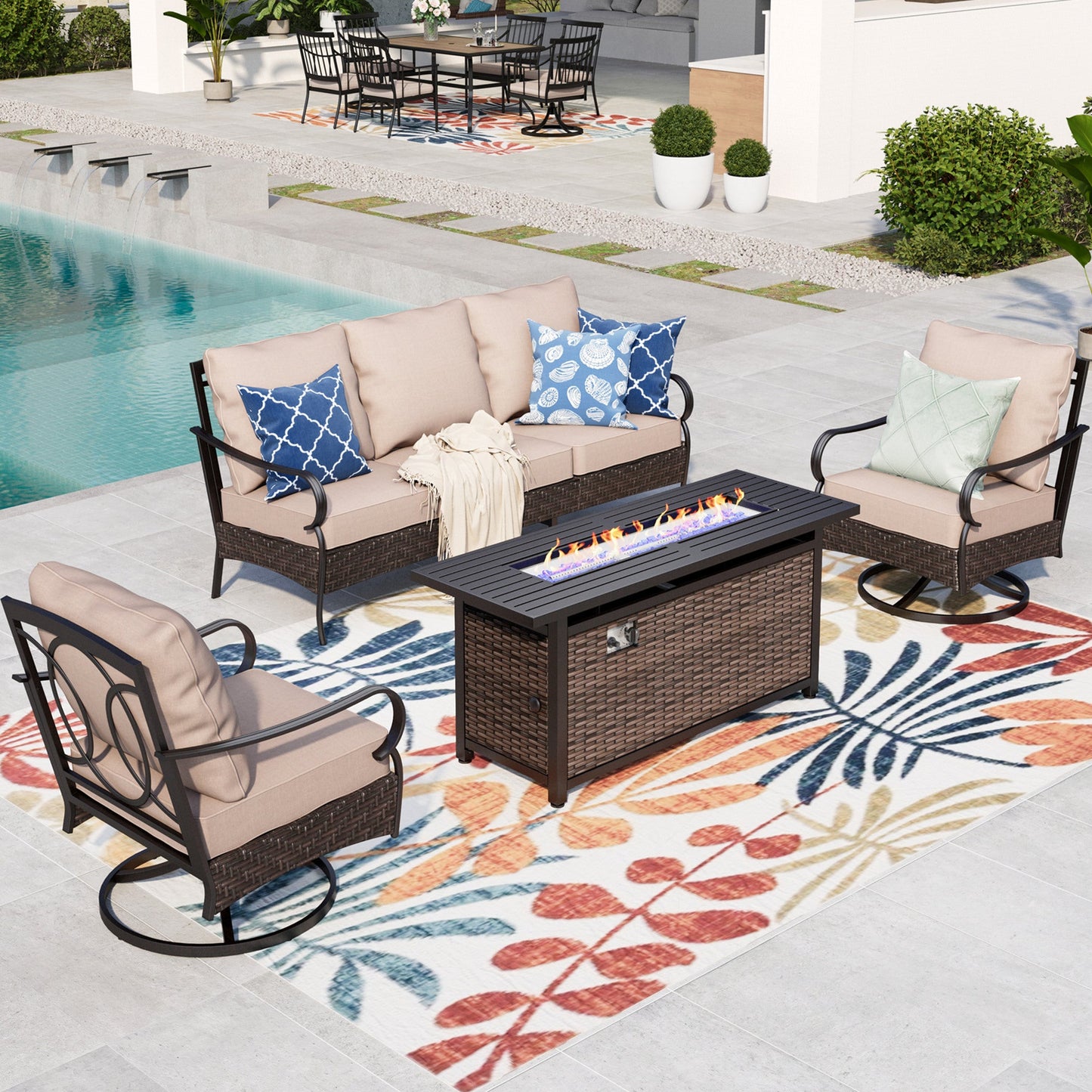 MAISON ARTS 4-Piece Patio Conversation Set with 3-Seat Sofa, 2 Swivel Chairs & 50000 BTU Fire Pit Table, Black Steel Frame & Beige Cushions