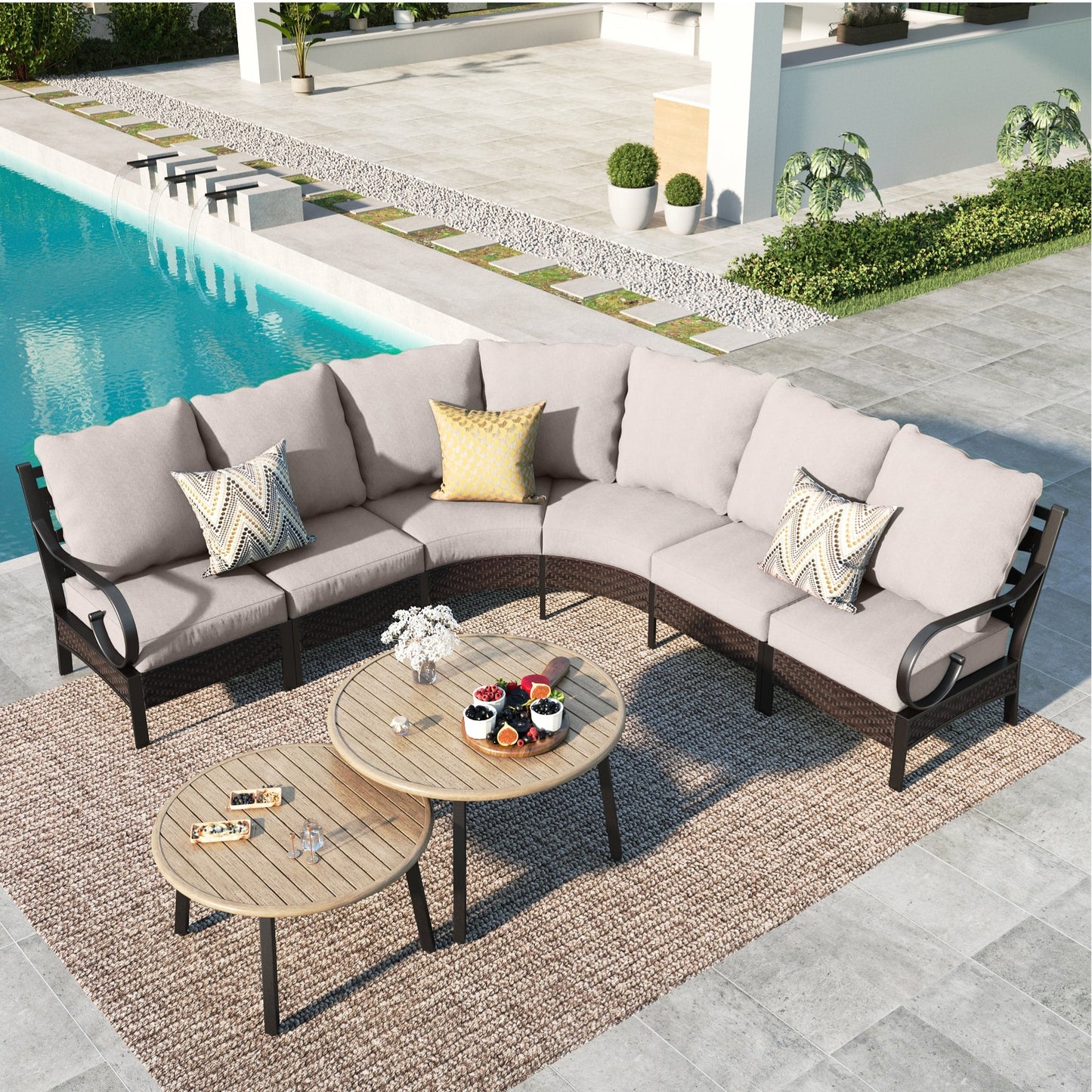 MAISON ARTS 6-seat Patio Furniture Set, Half-moon Outdoor Sectional Set Conversation Set with 2 Nesting Round Wood-grain Coffee Table, Black & Beige