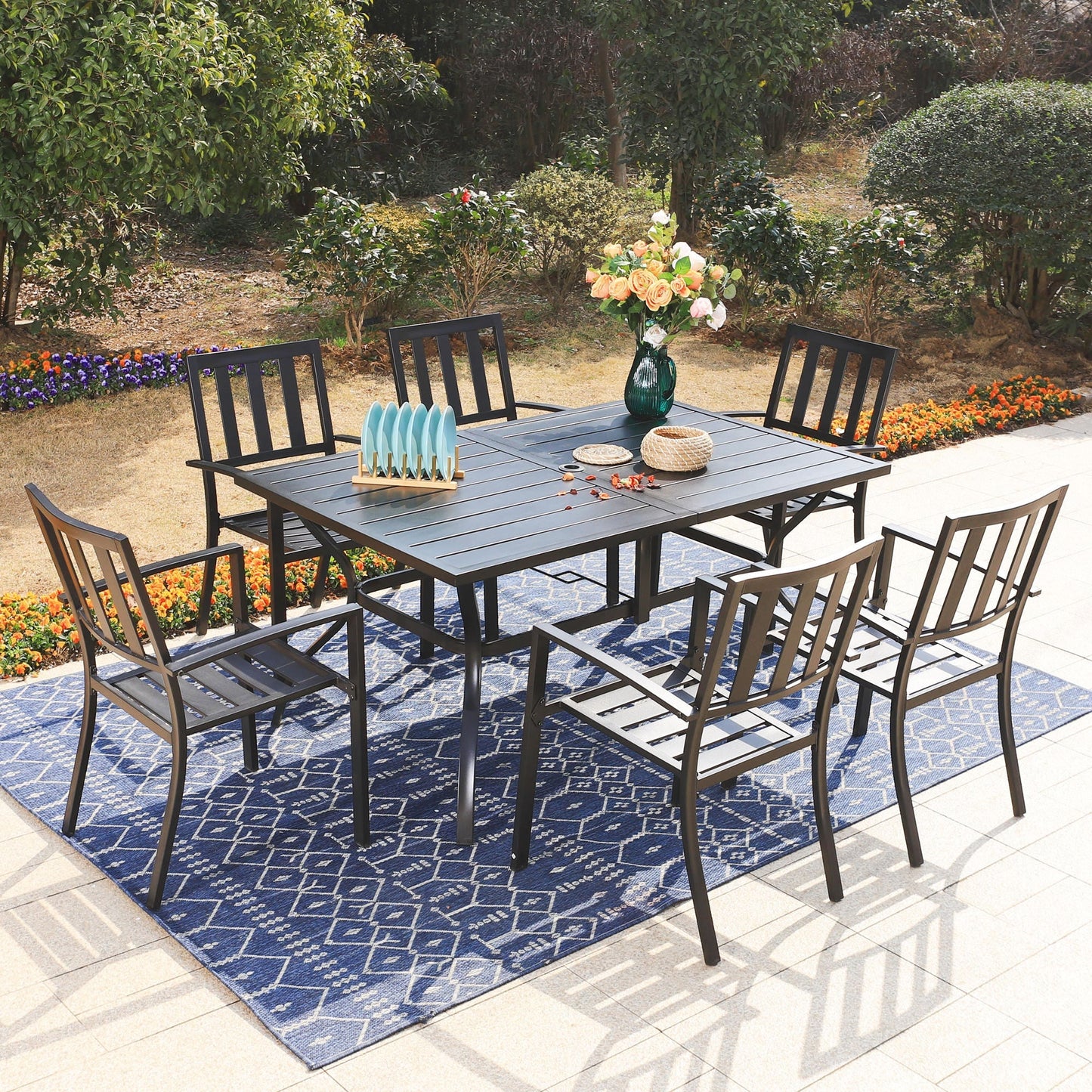 MAISON ARTS 7-Piece Outdoor Dining Set, All-Weather Metal Steel Patio Furniture with Stacking Chairs & Rectangular Table for 6-Person, Black