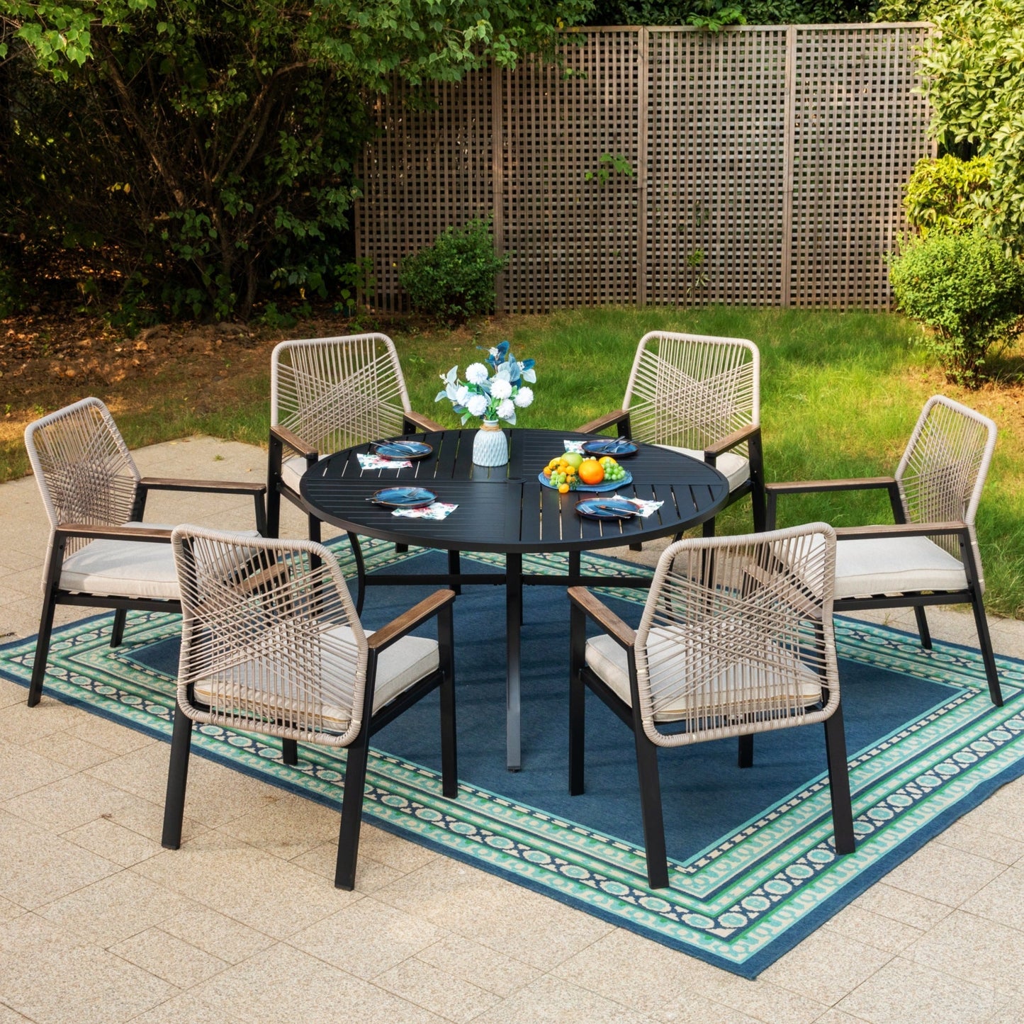 MAISON ARTS 7-Piece Outdoor Dining Set with Large Round Table & Rattan Chairs for 6-Person, Black and Beige
