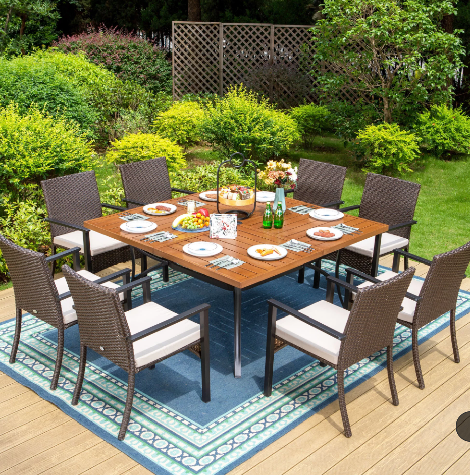 MAISON ARTS 9-Piece Outdoor Patio Dining Set with Wood Grain Table & Wicker Cushioned Chairs, Black & Beige