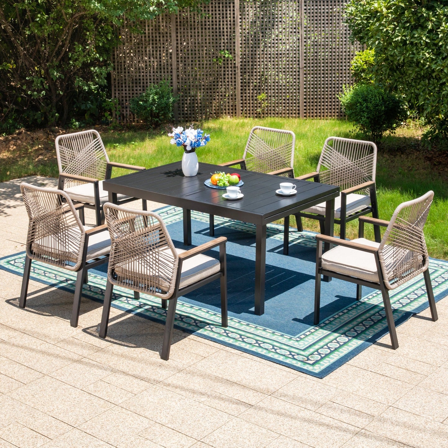 MAISON ARTS 7-Piece Patio Dining Set with 6 Cushioned Rattan Chairs and Large Extendable Table, Black and Beige