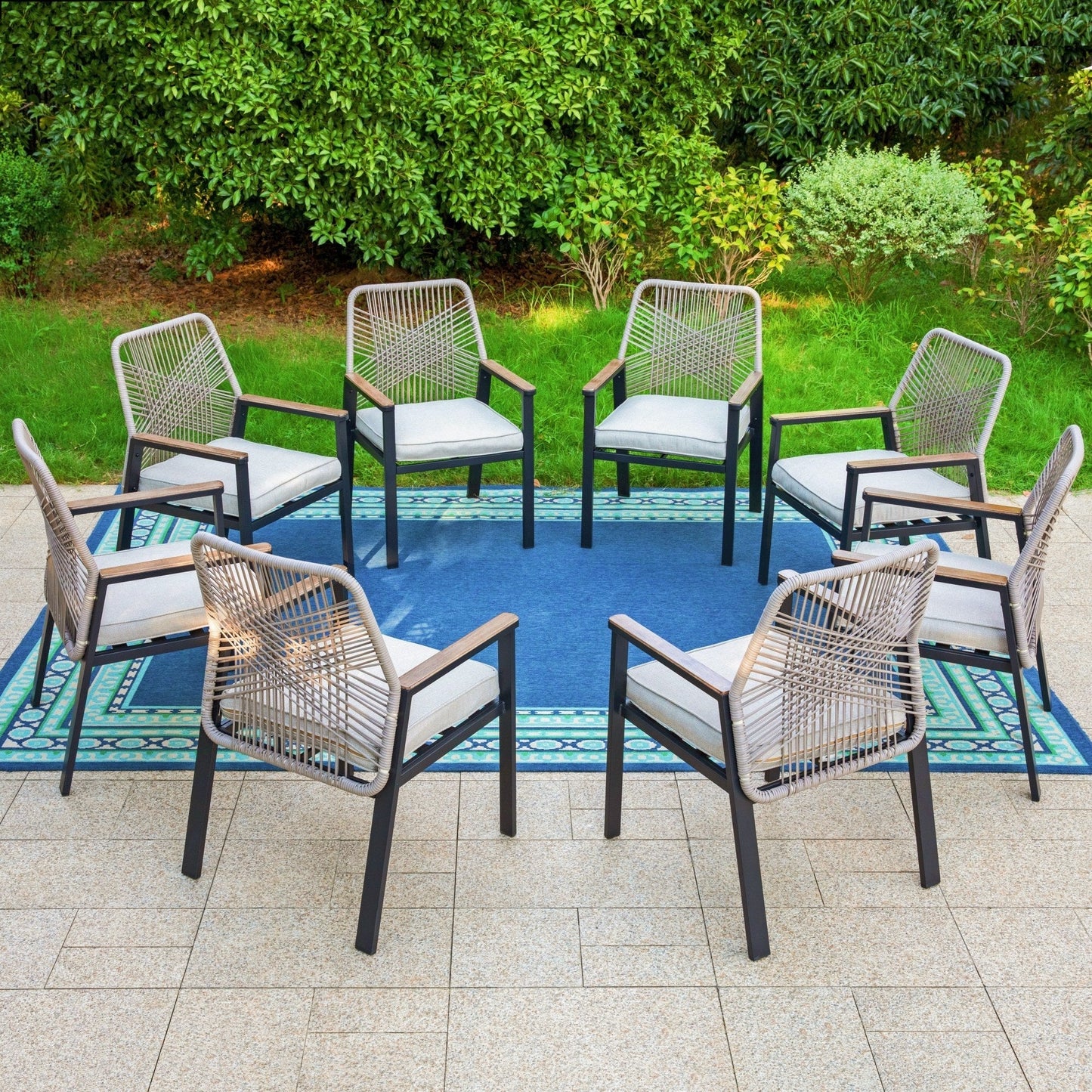 MAISON ARTS Set of 8 Outdoor Dining Chair with Hand-Woven Rattan Backrest and 3.1?¡À Cushion, Black and Beige