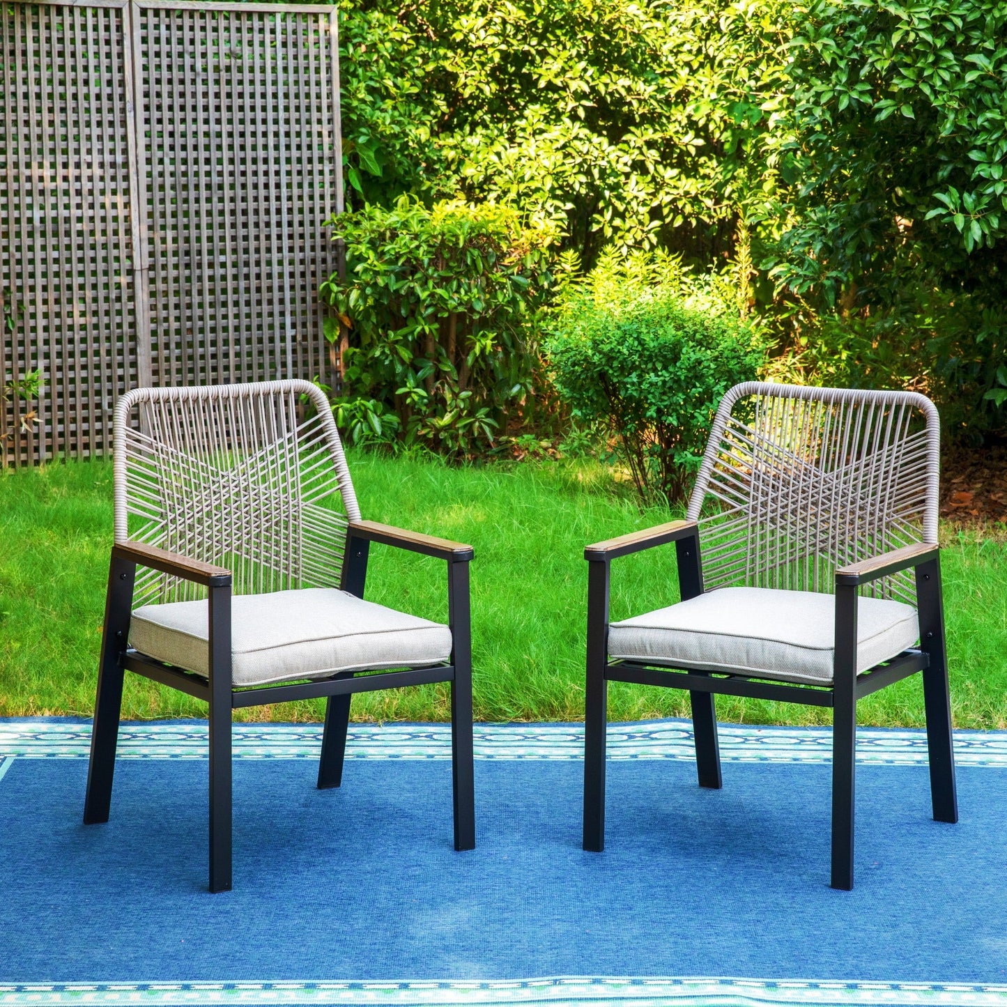 MAISON ARTS Set of 2 Outdoor Dining Chair with Hand-Woven Rattan Backrest and 3.1?¡À Cushion, Black and Beige