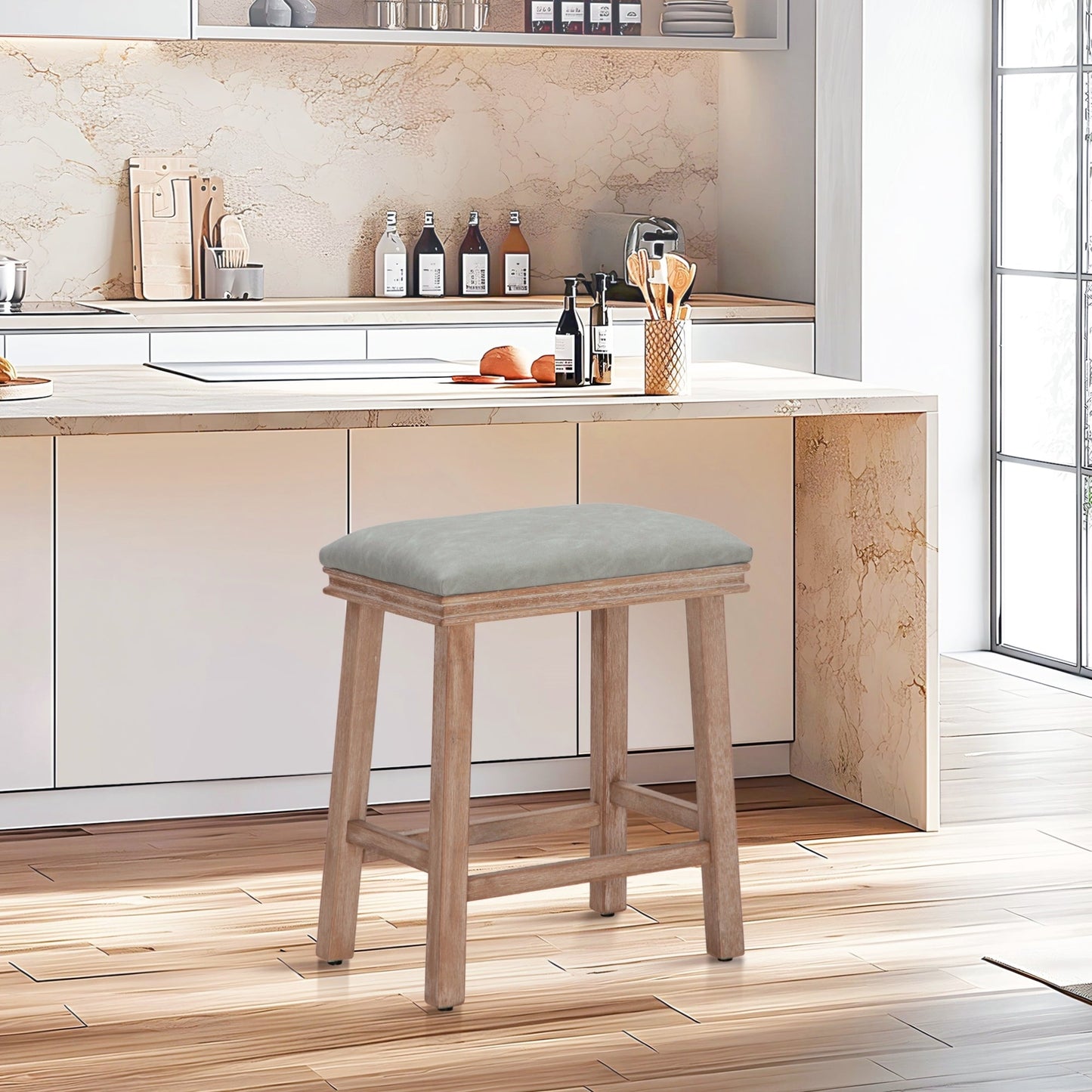 MAISON ARTS 24" Wood Backless Counter Height Bar Stools with Padded Seat for Kitchen Island, Gray