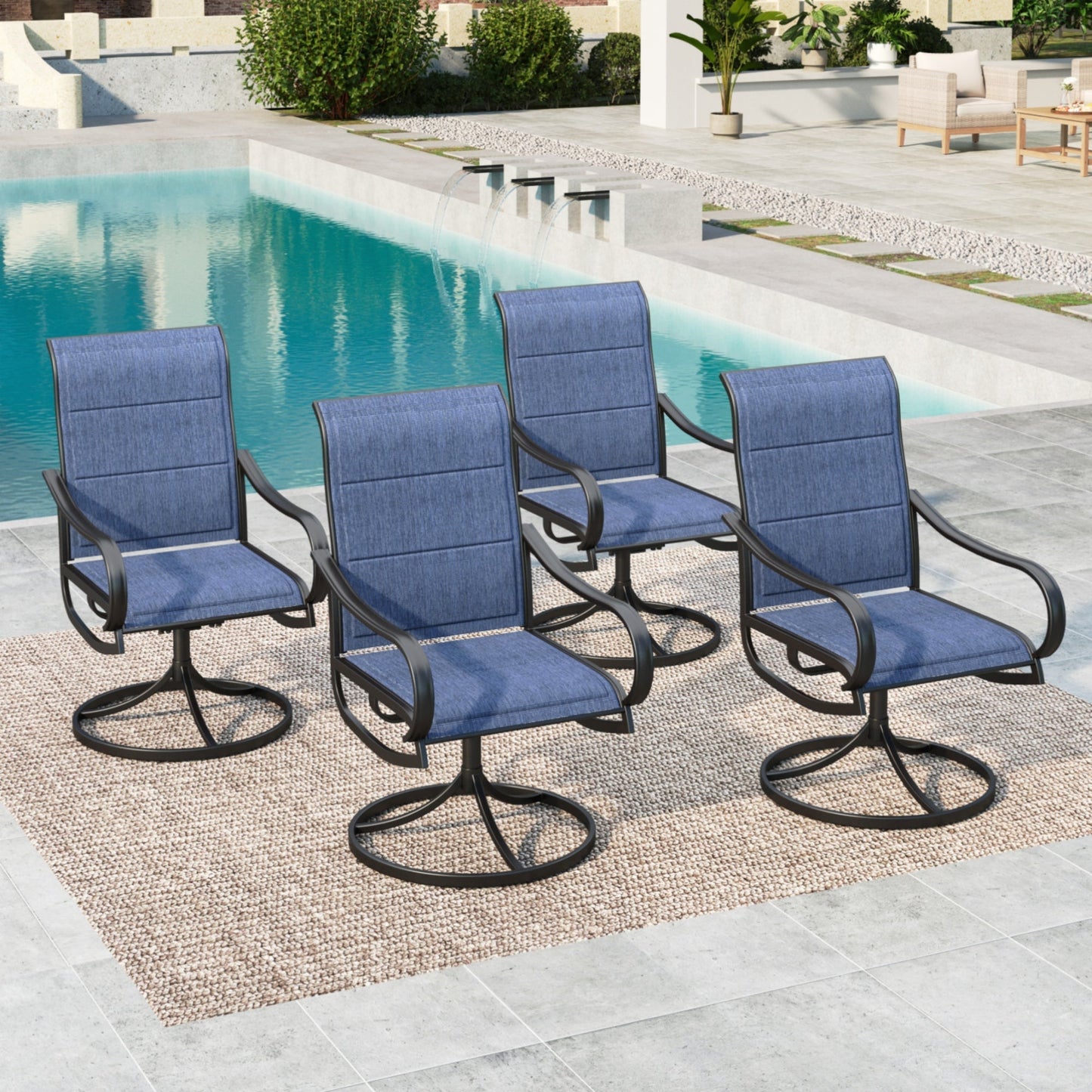 MAISON ARTS Set of 4 High-Back Swivel Outdoor Dining Chairs with Padded Textilene Seat, Black & Blue