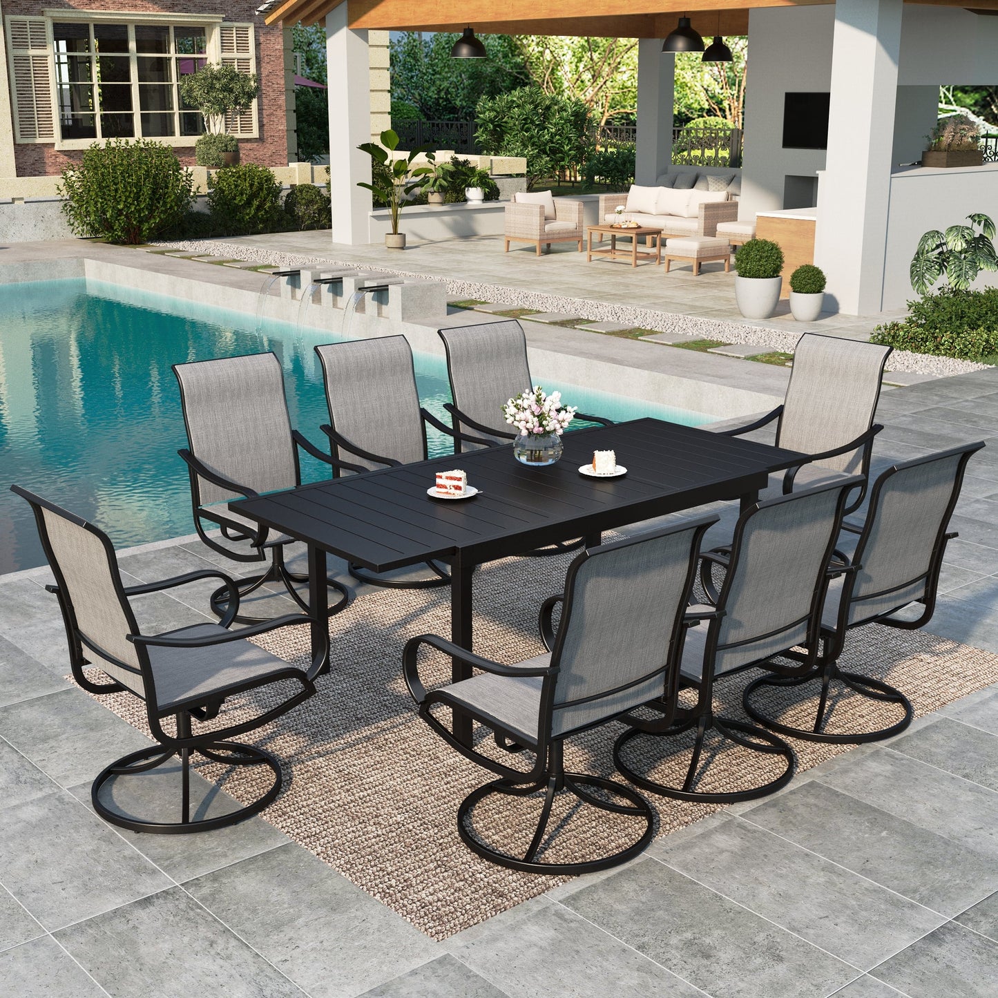 MAISON ARTS 9-Piece Outdoor Patio Dining Set with Swivel High Back Textilene Chair & 84" Extendable Metal Table for 8 Person, Black & Gray