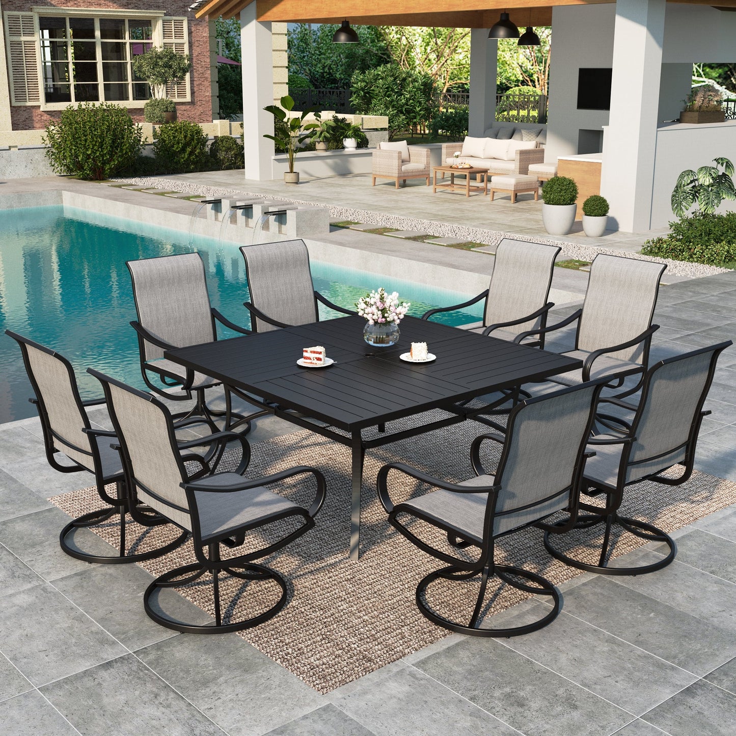 MAISON ARTS 9-Piece Outdoor Patio Dining Set with Swivel High Back Textilene Chair & 60" Large Square Metal Table with Umbrella Hole for 8 Person, Black & Gray
