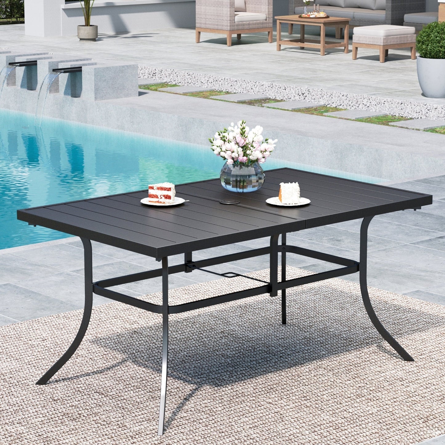 MAISON ARTS Outdoor Rectangle Dining Table 60" Metal Table Suitable for 6 People, Black