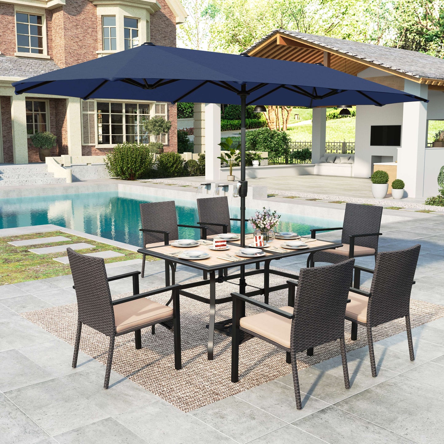 MAISON ARTS Set of 8 Outdoor Patio Dining Set with 13 ft Patio Umbrella, 6 Wicker Chairs & Rectangular Wood-Like Table, Black, Brown & Navy Blue