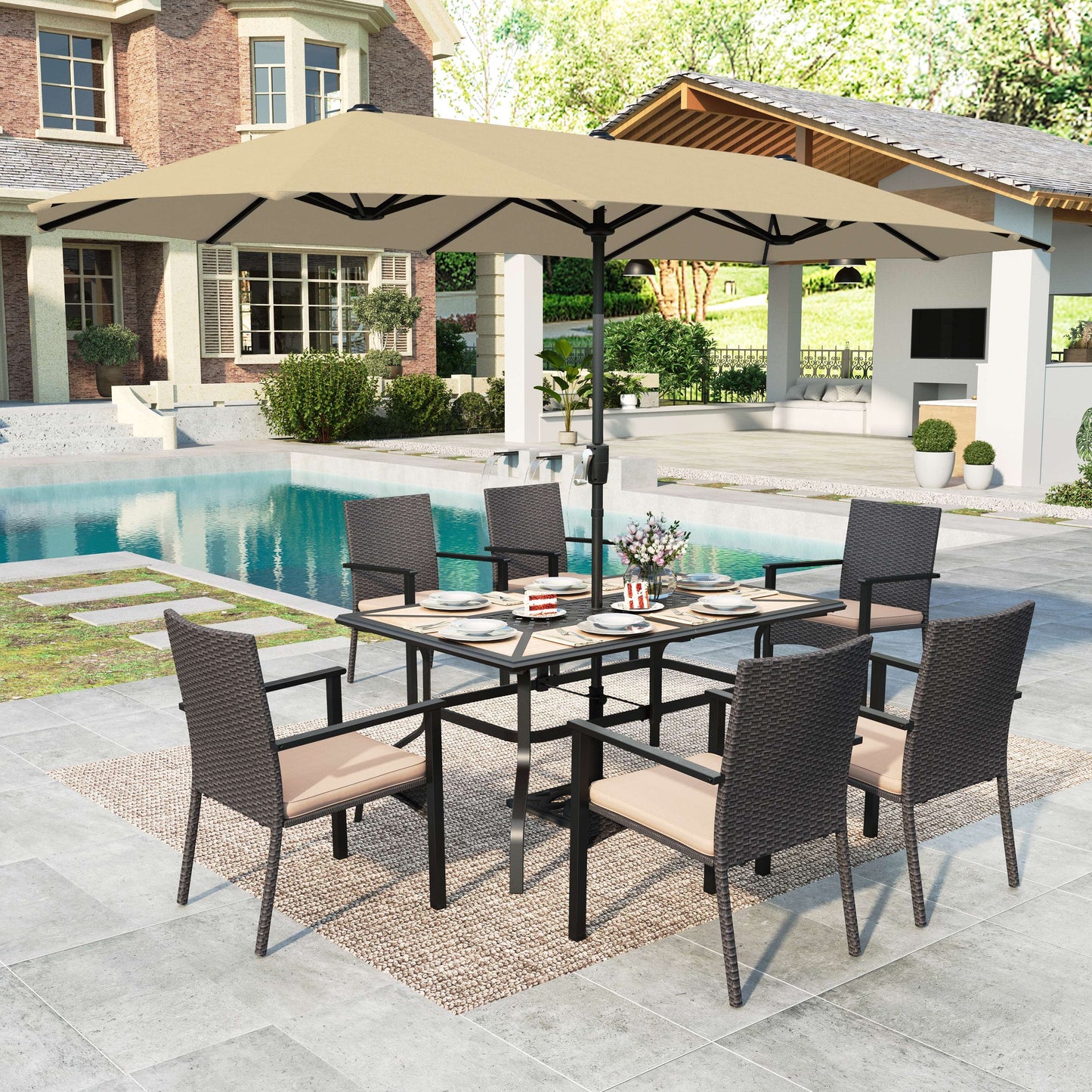 MAISON ARTS 8-Piece Outdoor Patio Set with 13ft Beige Patio Umbrella,Rectangle Table and Wicker Chairs for 6