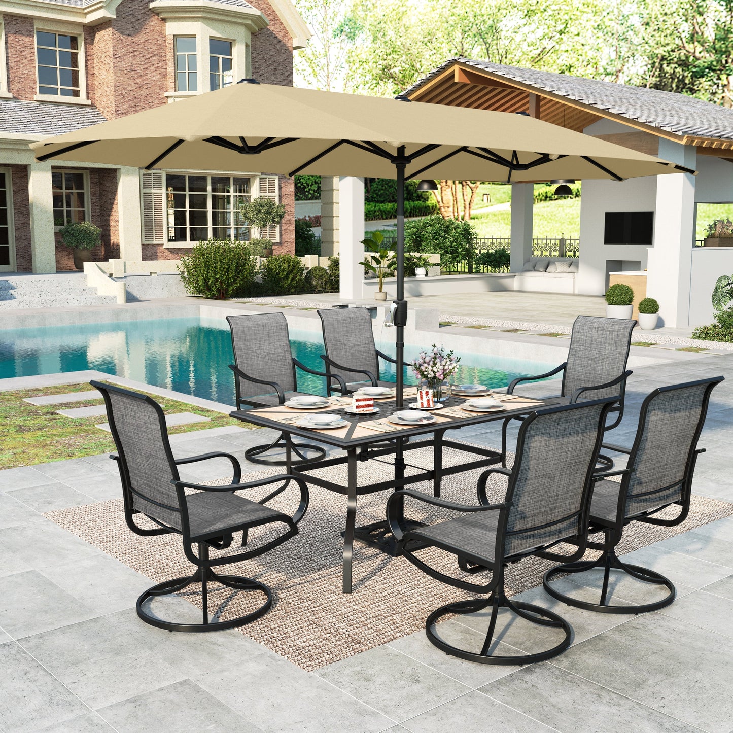 MAISON ARTS 8-Piece Outdoor Patio Dining Set with 13ft Beige Patio Umbrella, Swivel Textilene Chair & Wood-like Top Table with Umbrella Hole, Black & Brown-gray
