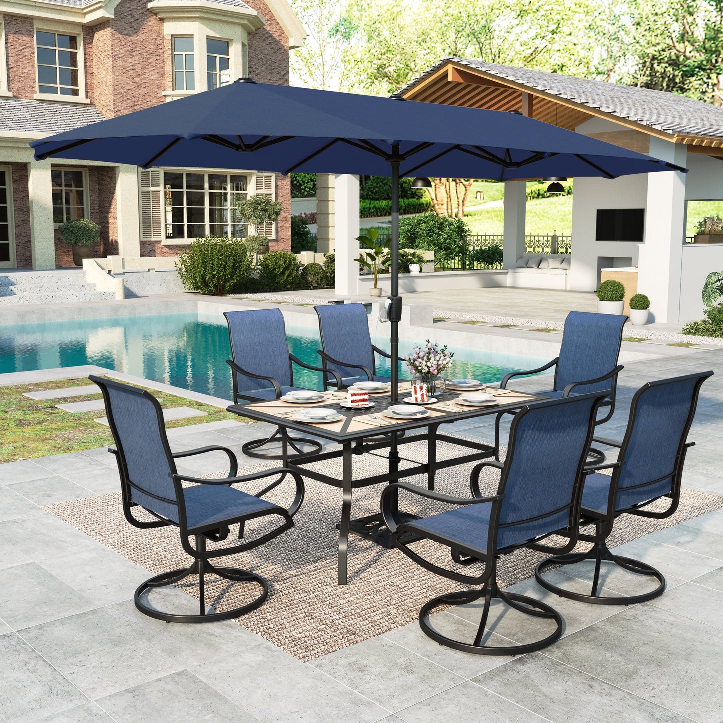 MAISON ARTS 8-Piece Outdoor Patio Dining Set with 13ft Navy Blue Patio Umbrella, Swivel Textilene Chair & Wood-like Top Table, Black & Blue