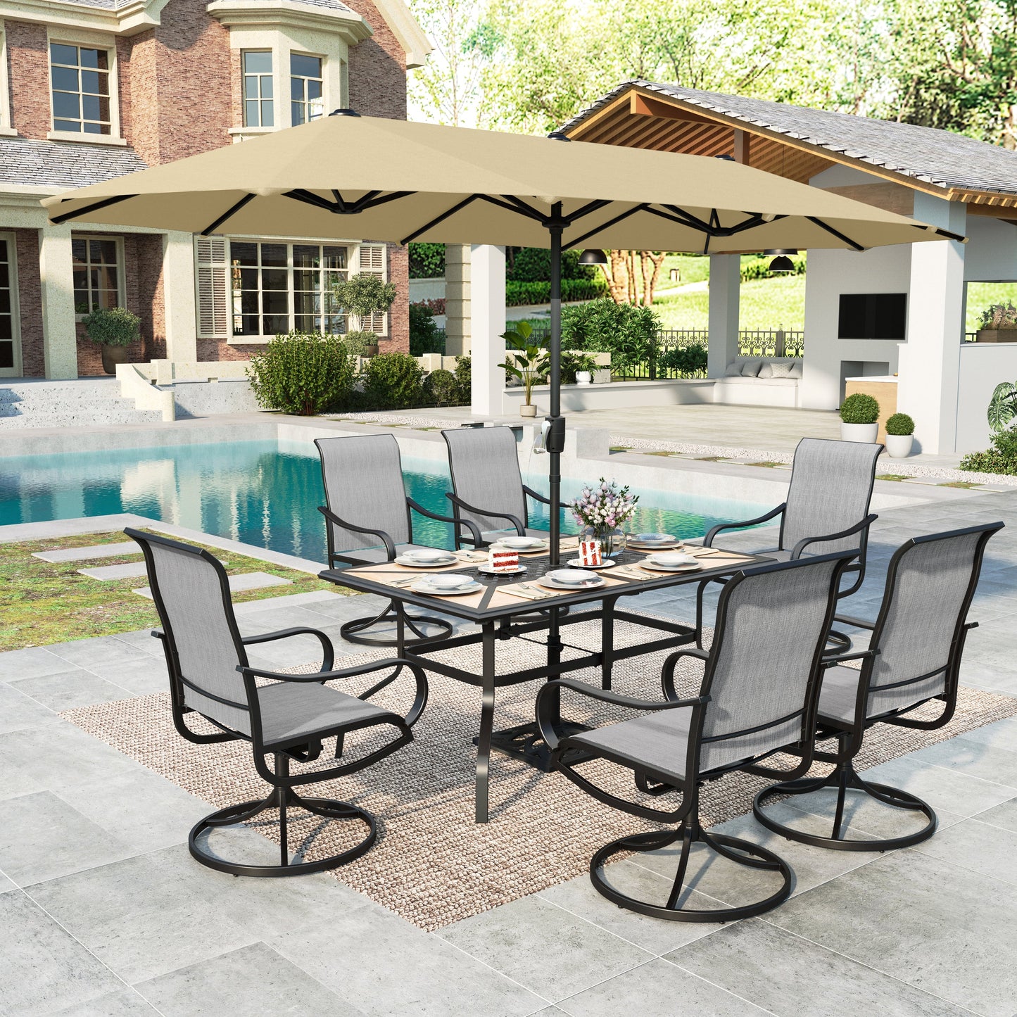MAISON ARTS 8-Piece Outdoor Patio Dining Set with 13ft Beige Patio Umbrella, Swivel Textilene Chair & Wood-like Top Table, Black & Light-gray