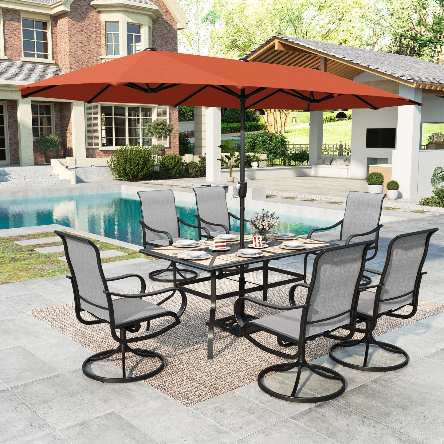 MAISON ARTS 8-Piece Outdoor Patio Dining Set with 13ft Red Patio Umbrella, Swivel Textilene Chair & Wood-like Tabletop with Umbrella Hole, Black & Light-gray