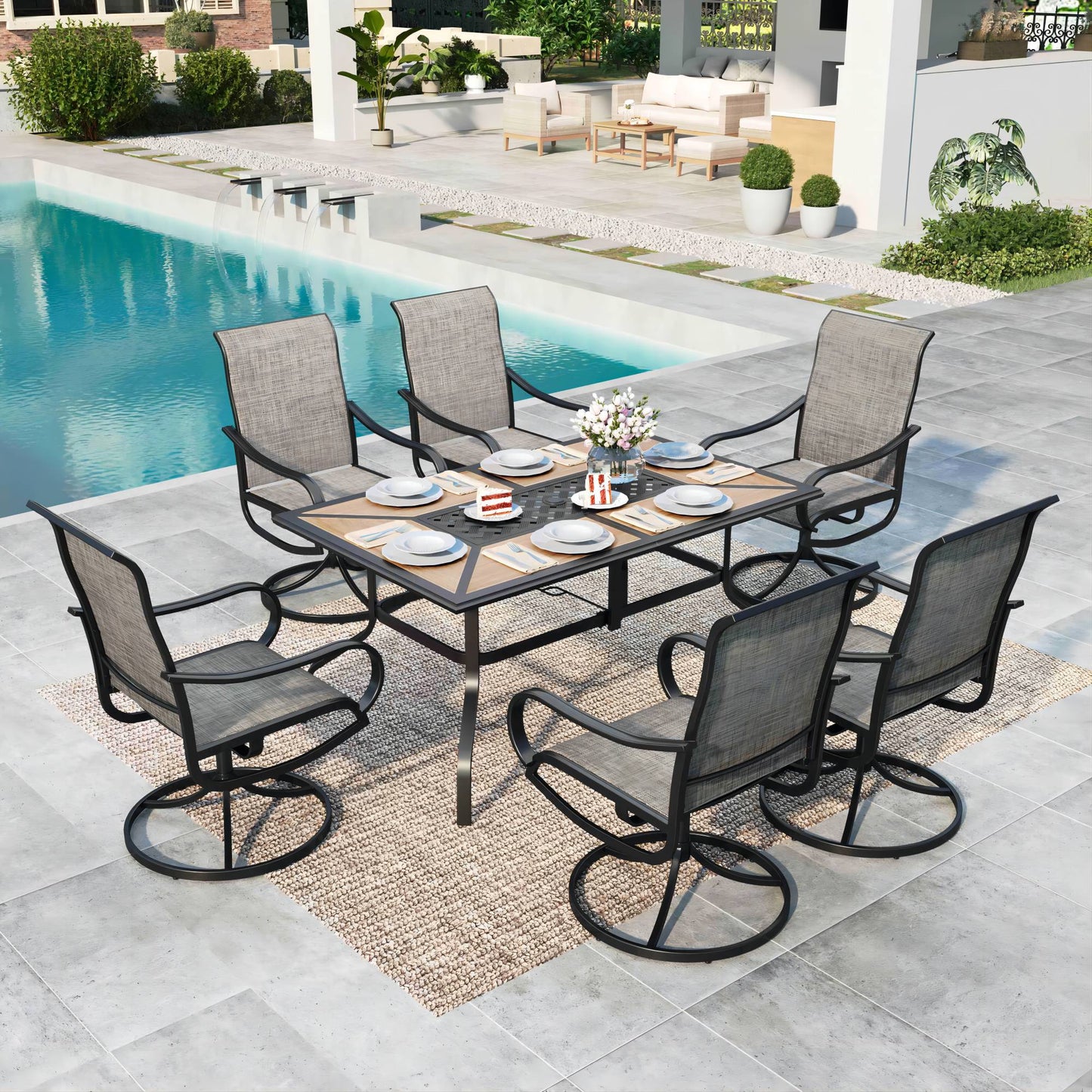 MAISON ARTS 7-Piece Outdoor Patio Dining Set, Swivel Textilene Chair & Wood-like Top Table with Umbrella Hole, Black & Brown-gray