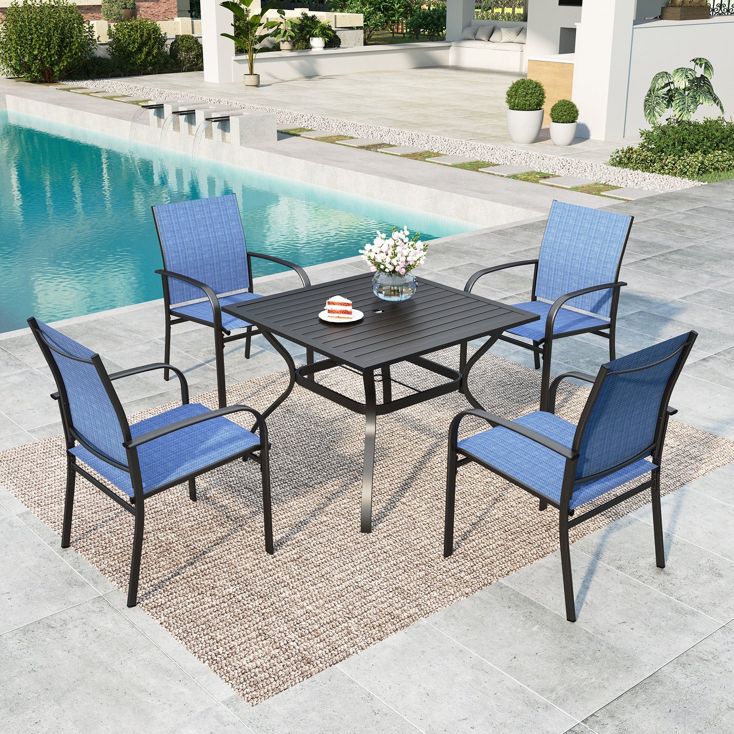 MAISON ARTS 5-Piece Outdoor Patio Dining Set with Metal Steel Square Table & Textilene Chairs for 4-Person, Black & Blue