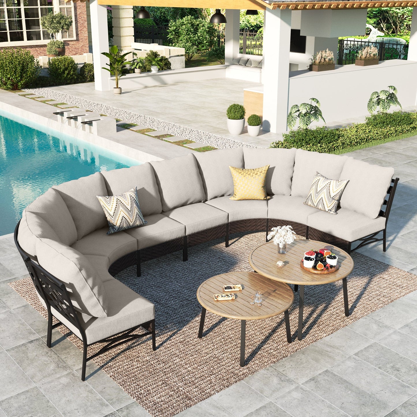 MAISON ARTS 8-seat Patio Furniture Set, Half-moon Outdoor Sectional Set Conversation Set with 2 Nesting Round Wood-grain Coffee Table, Black & Beige