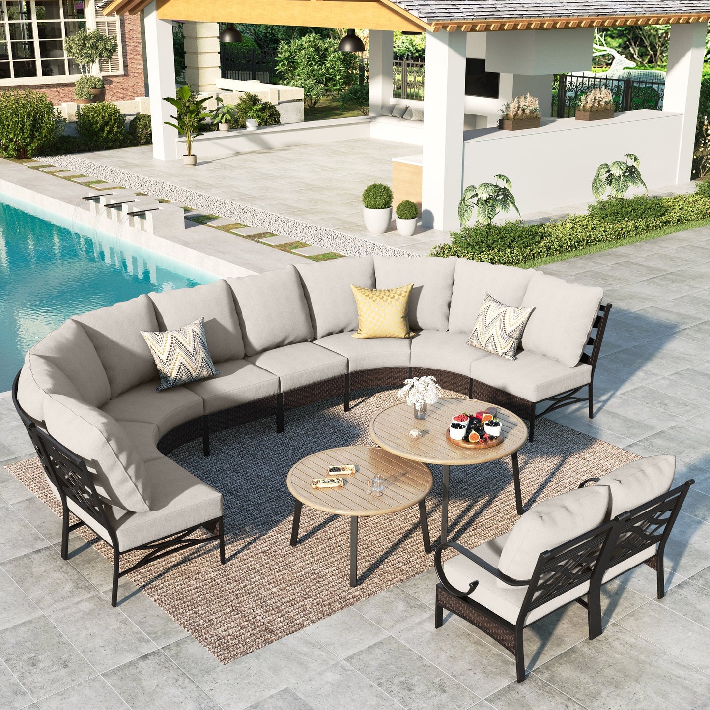MAISON ARTS 10-seat Patio Furniture Set, Half-moon Outdoor Sectional Set Conversation Set with 2 Nesting Round Wood-grain Coffee Table, Black & Beige