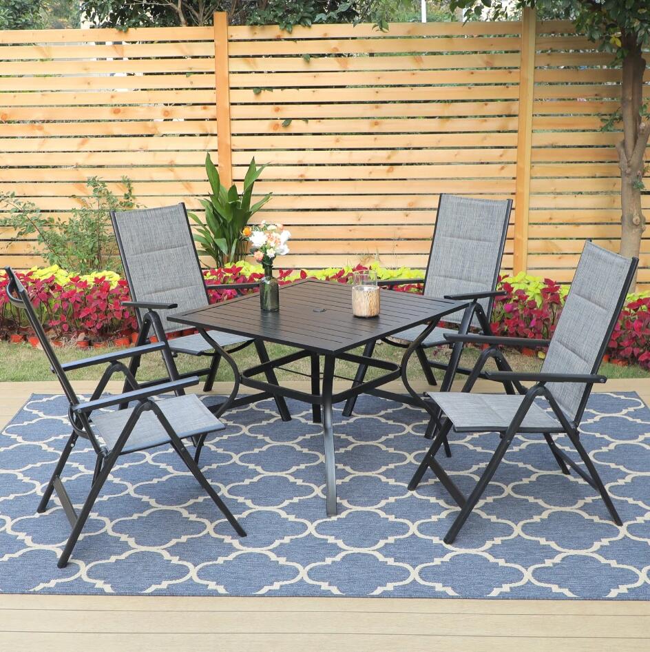 MAISON ARTS 5-Piece Utralight Aluminum Outdoor Patio Folding Dining Set with 7-Level Adjustable Chairs&Square Table for Dinner&Party, Gray