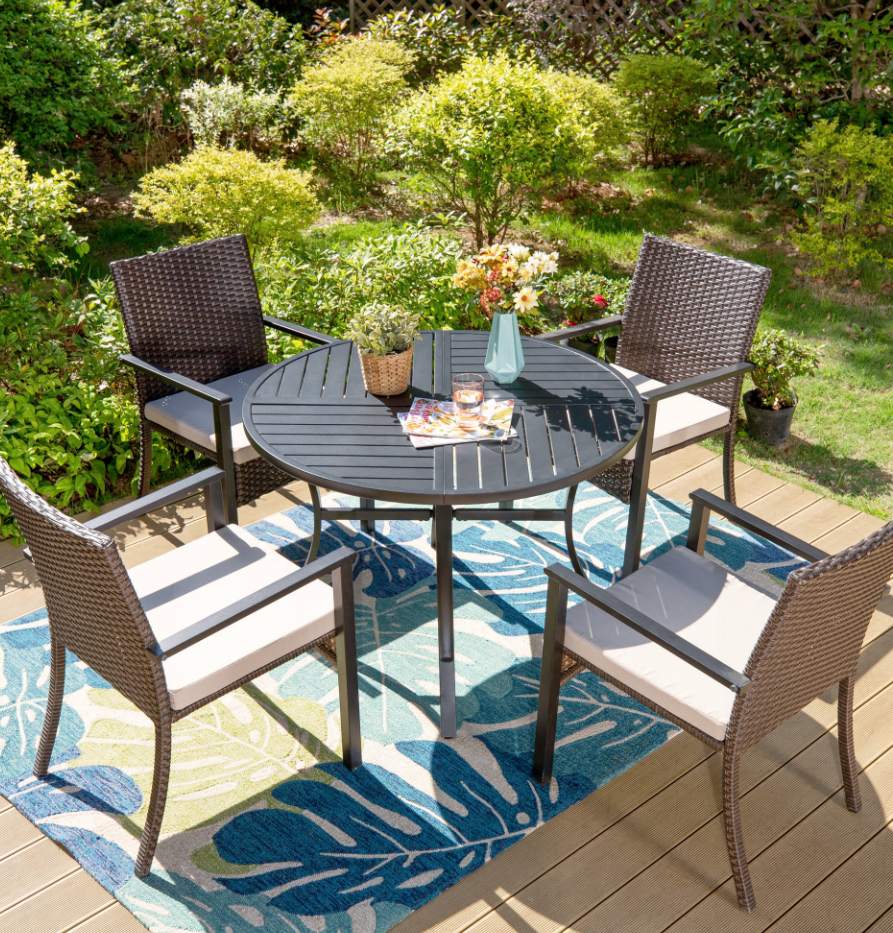 MAISON ARTS 5-Piece Outdoor Dining Set with Wicker Cushioned Chairs & 42" Round Table for 4, Black&Brown