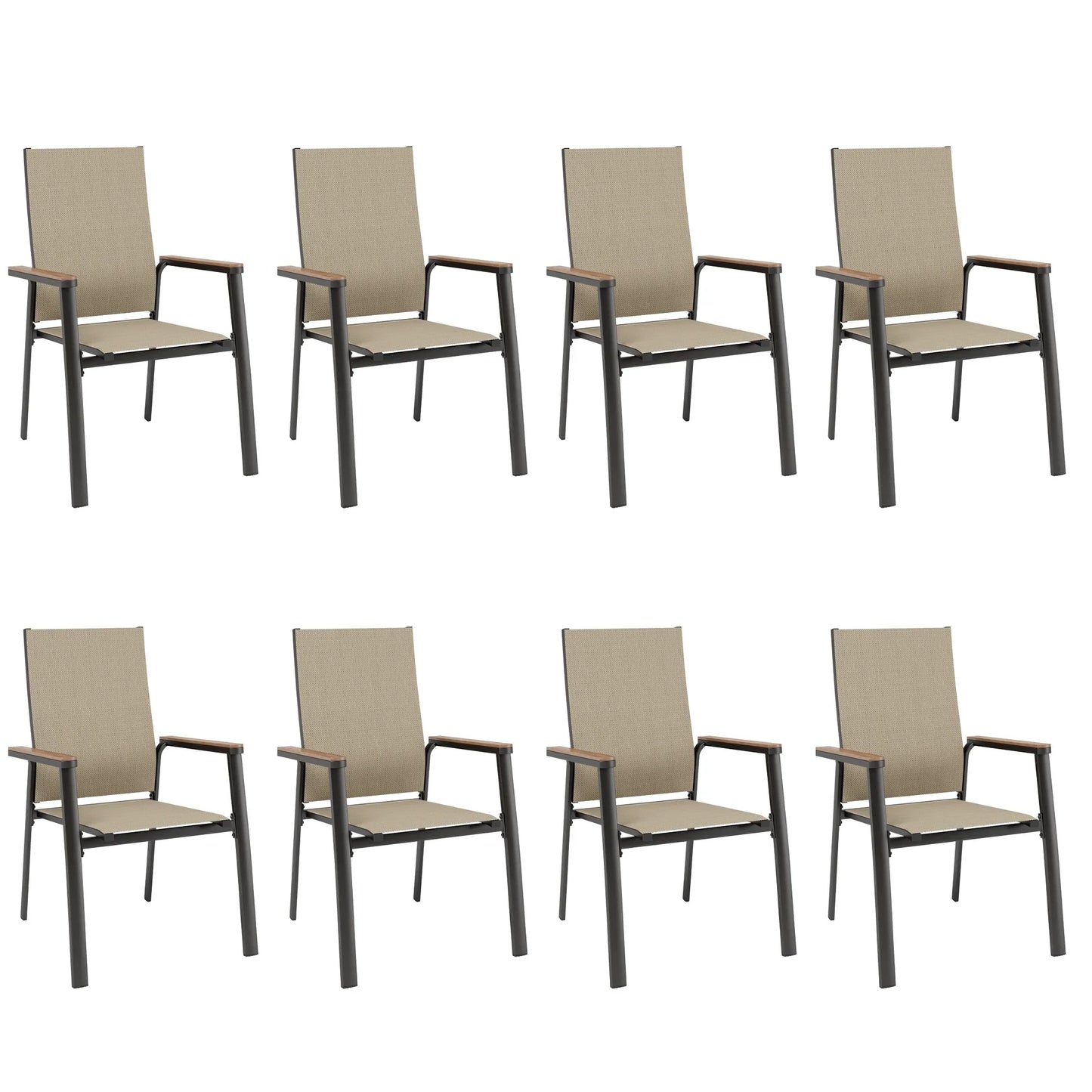 MAISON ARTS Set of 8 Outdoor Patio Dining Stackable Chairs with Aluminum Frame & Textilene Seat, Black & Beige