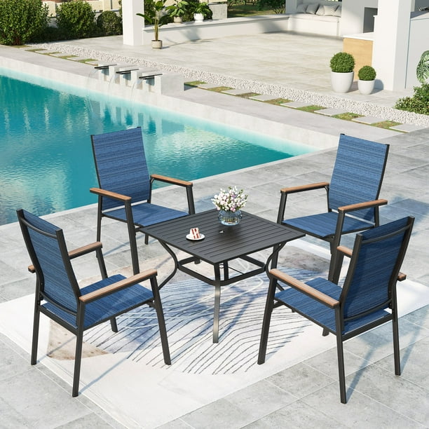 MAISON ARTS 4-seat Outdoor Patio Dining Set with 4 Stackable Blue Aluminum Armchairs & 1 Black Metal Steel Table with Umbrella Hole