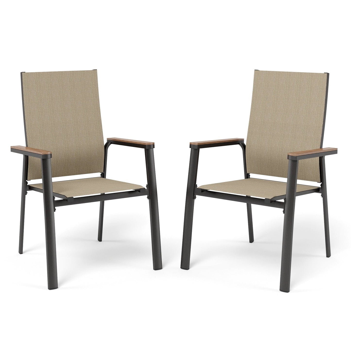 MAISON ARTS Set of 2 Outdoor Patio Dining Stackable Chairs with Aluminum Frame & Textilene Seat, Black & Beige