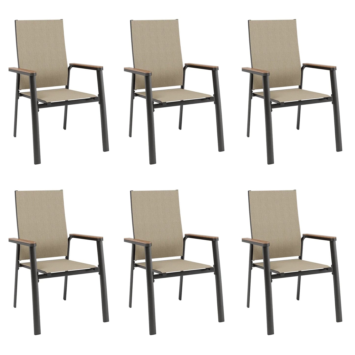 MAISON ARTS Set of 6 Outdoor Patio Dining Stackable Chairs with Aluminum Frame & Textilene Seat, Black & Beige