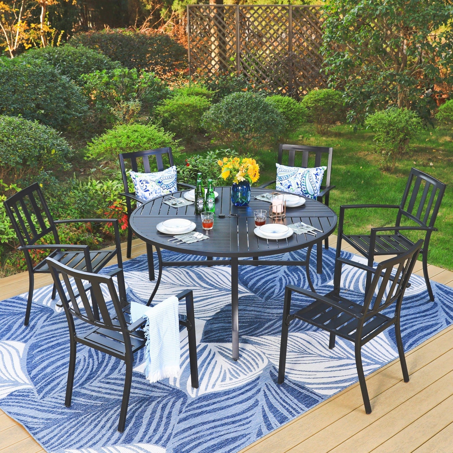 MAISON ARTS 7-Piece Outdoor Patio Dining Set with 6-Person Round Table & Stacking Chairs, Vertical Slat Pattern, Black