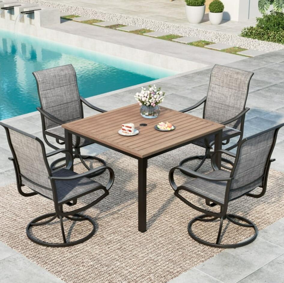 MAISON ARTS 5-Piece Patio Dining Set with High-Back Swivel Sling Chairs & Wood-Like Table for 4-Person, Black & Gray