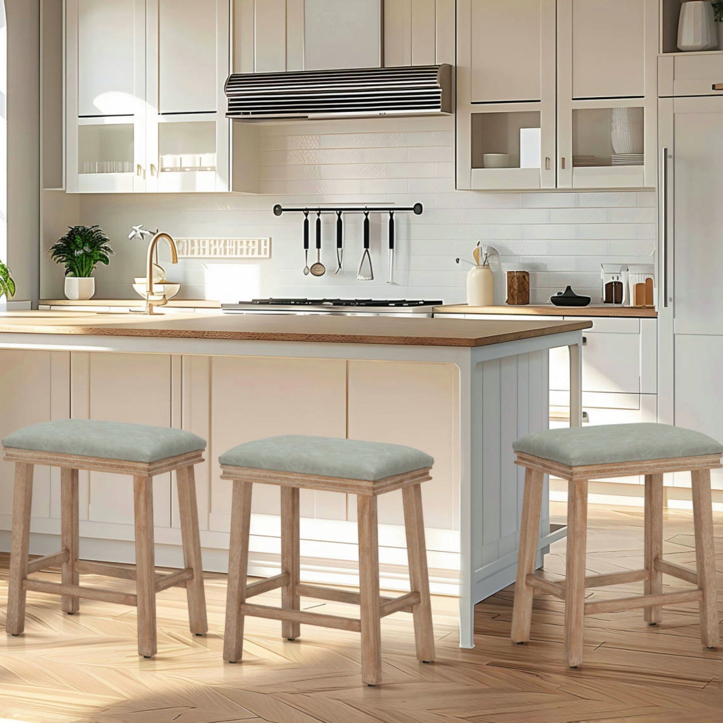 MAISON ARTS 24" Wood Backless Counter Height Bar Stools with Padded Seat for Kitchen Island, Set of 3, Gray