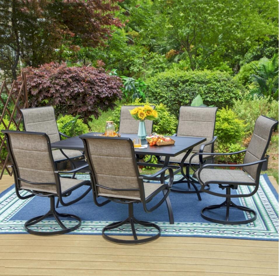 MAISON ARTS 7-Piece Patio Dining Set with 6 High-Back Swivel Padded Sling Chairs & 1 Rectangular Table, Black & Gray