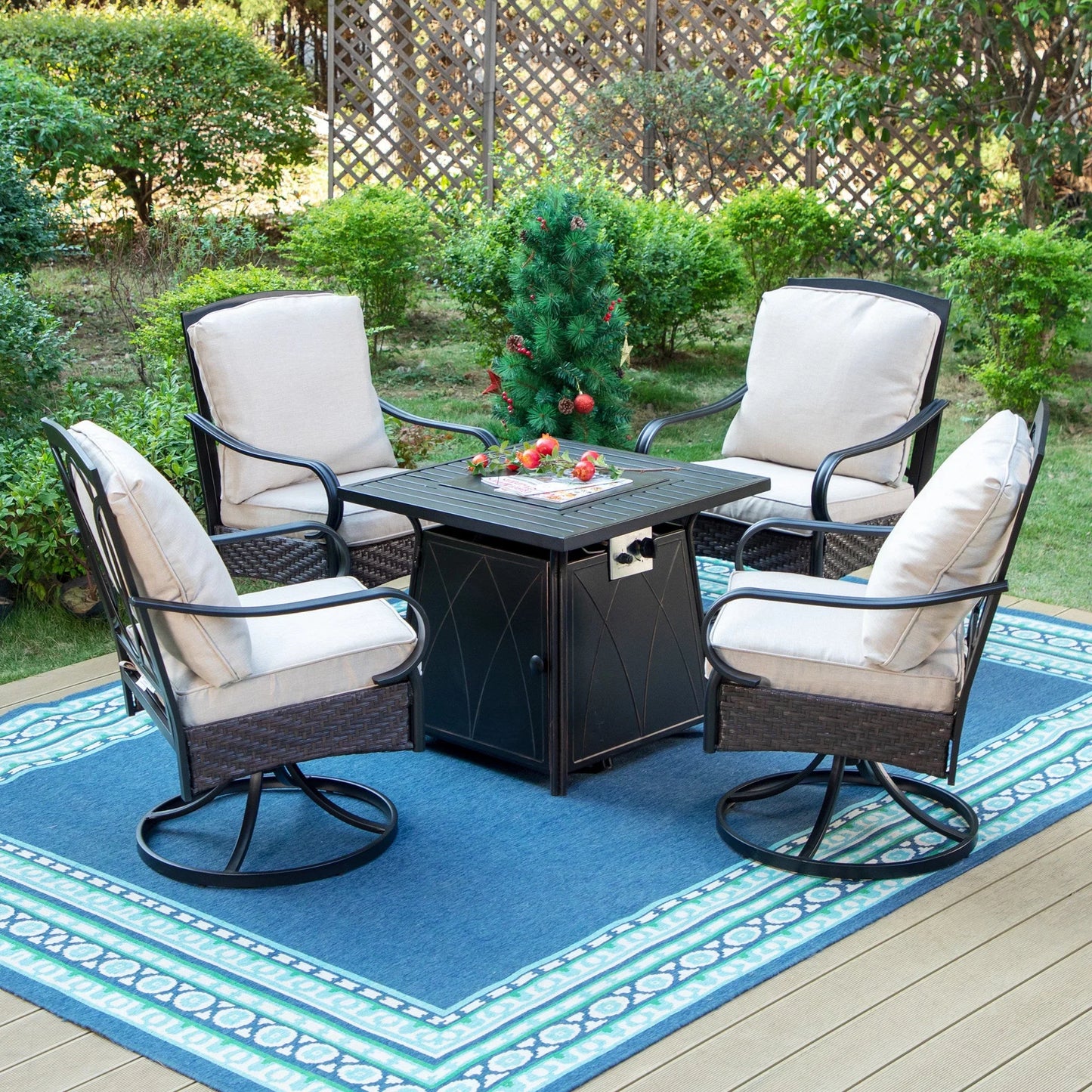 MAISON ARTS 4-Person Patio Conversation Set with 4 Swivel Wicker Cushioned Chairs & Fire Pit Table, 50,000 BTU, Black & Beige