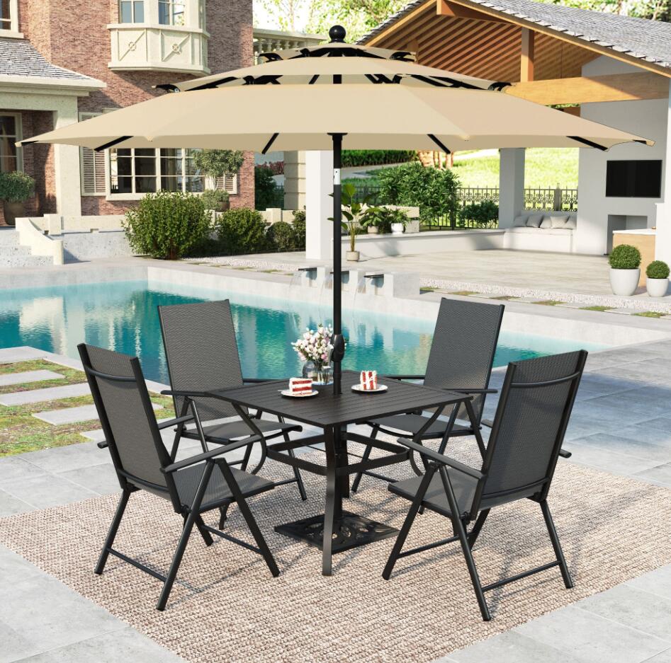 MAISON ARTS 6-Piece Aluminum Outdoor Patio Dining Set with 3-Tier Umbrella, 4-Piece 7-Level Adjustable Folding Sling Chairs& Square Dining Table, Black& Beige