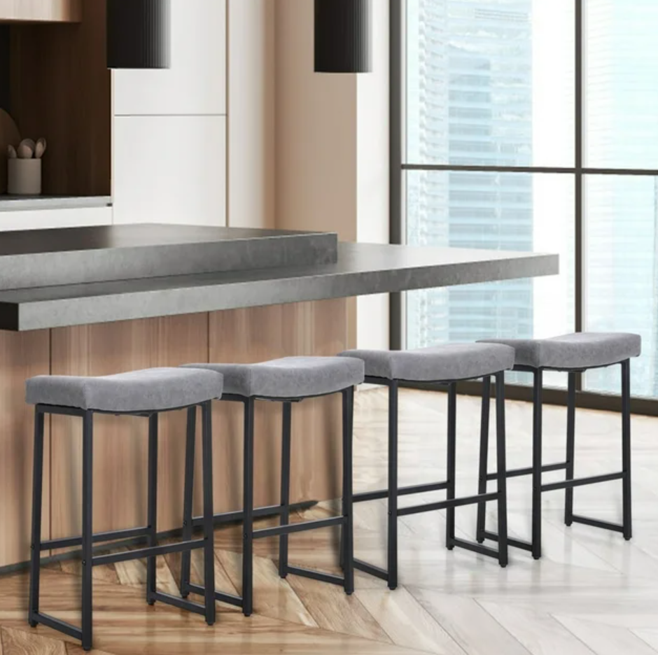 MAISON ARTS 4 Pieces 24 inch Counter Stools, Saddle Backless Faux Leather Bar Stools for Kitchen, Gray