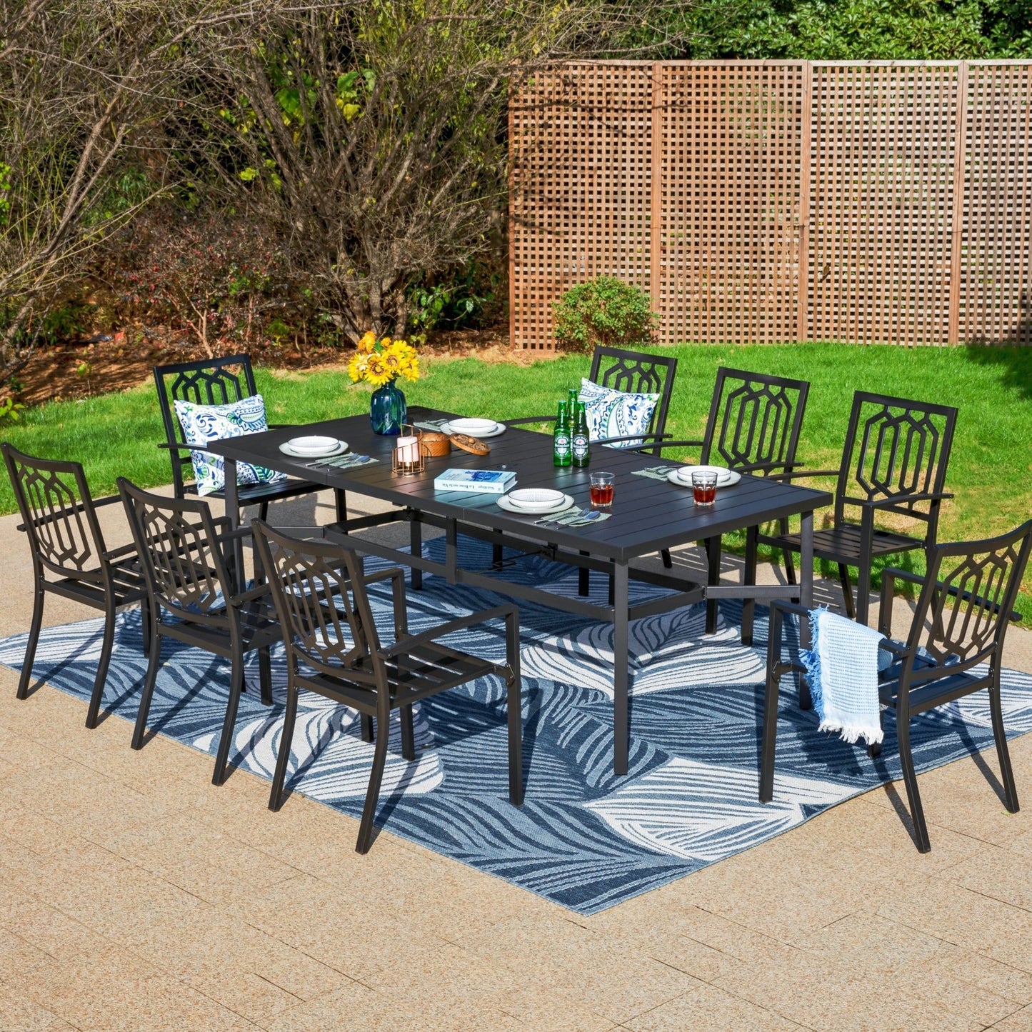 MAISON ARTS 9-Piece Outdoor Patio Dining Set with 8-Person Table & Stacking Chairs, Geometric Pattern, Black