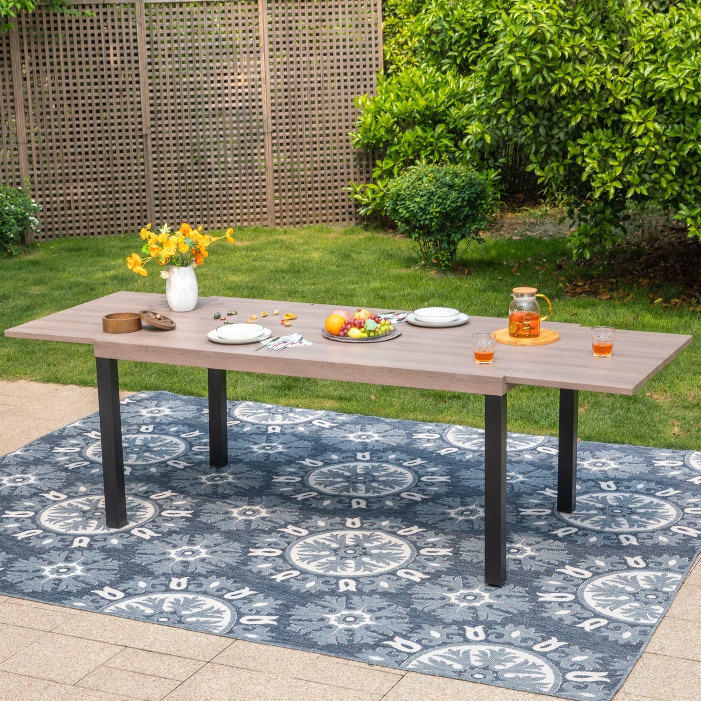 MAISON ARTS Outdoor Expandable Patio Dining Table, 6-8 Person Large Metal Outdoor Table, Wood Grain Tabletop & Straight Leg