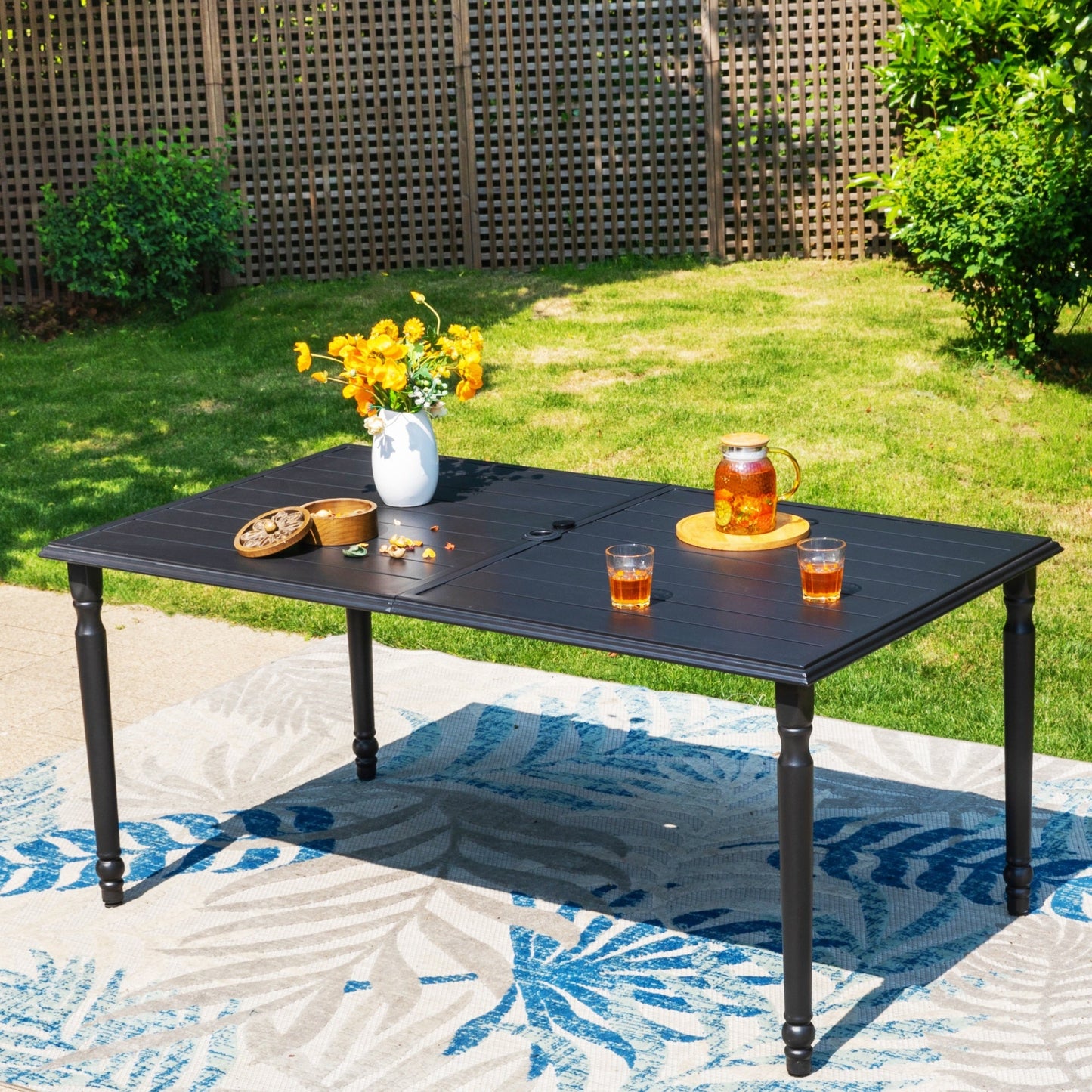 MAISON ARTS 60" Patio Outdoor Rectangular Dining Table for 6-Person, Neoclassical Metal Furniture, Umbrella Support, Black