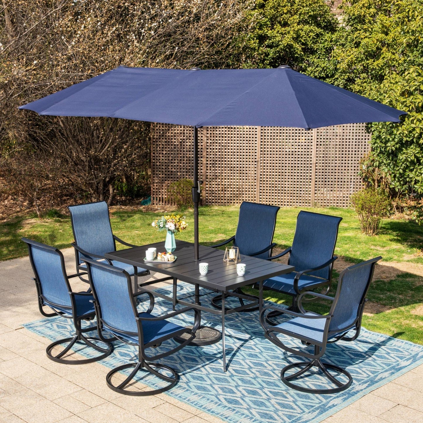MAISON ARTS 6-Person Outdoor Patio Dining Set with 13ft Navy Blue Patio Umbrella, 6 Textilene Outdoor Swivel Chairs & 1 Large Metal Rectangle Table, Blue & Black