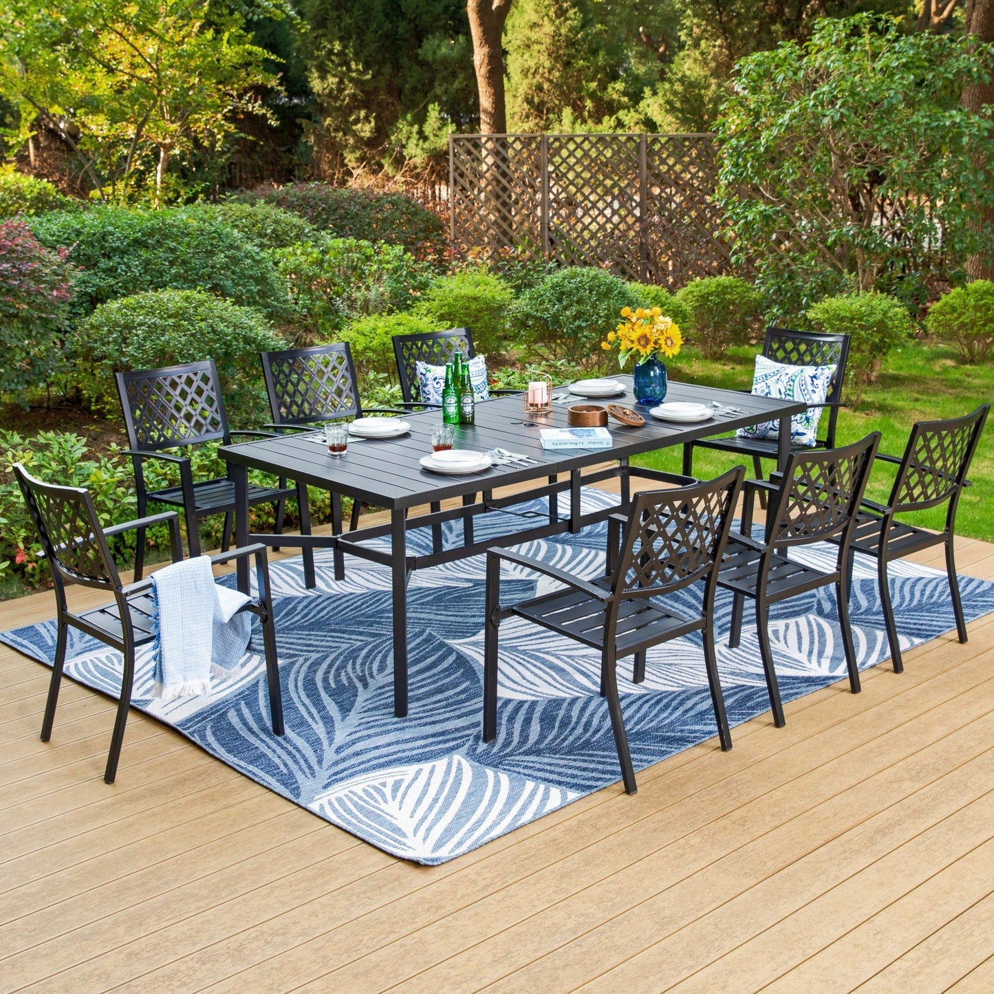 MAISON ARTS 9-Piece Outdoor Patio Dining Set with 8-Person Table & Stacking Chairs, Mesh Pattern, Black