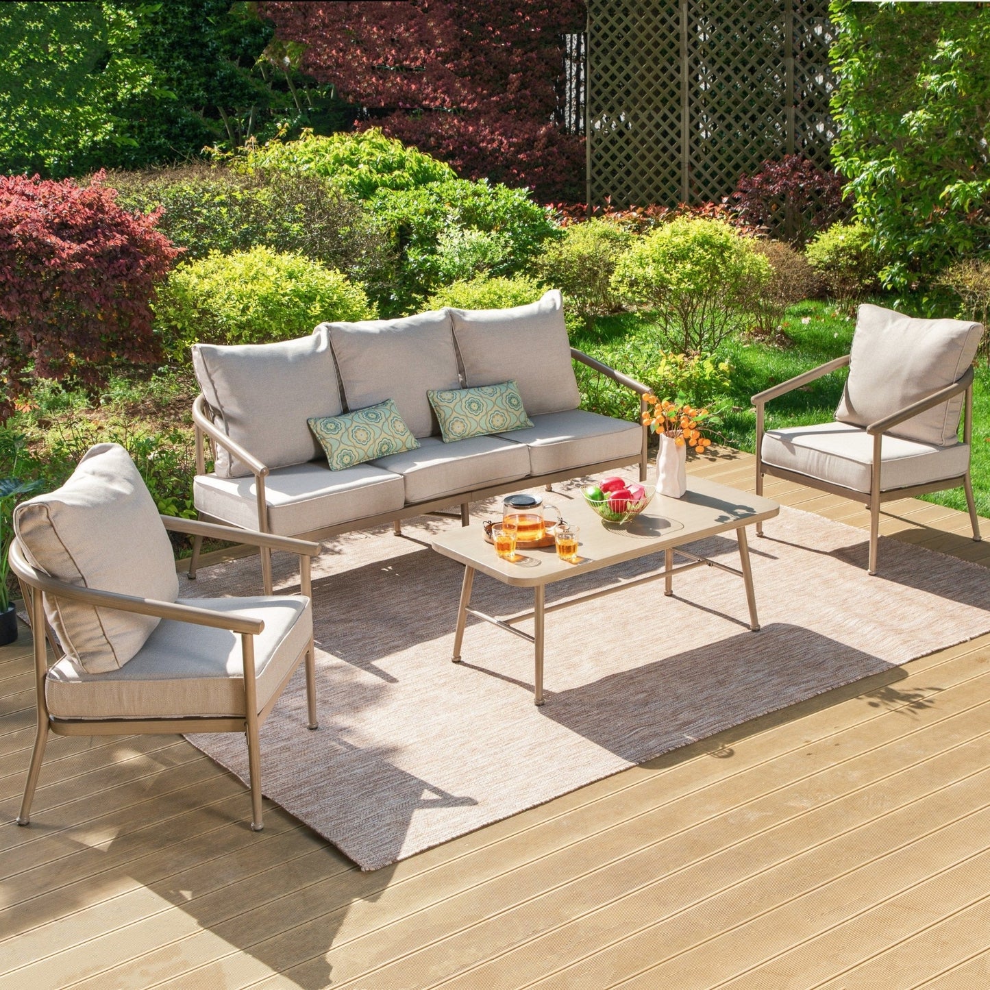 MAISON ARTS 4-Piece Windsor Style Outdoor Conversation Set, 5-Seat Rustic Farmhouse Patio Furniture with 3-Seat Sofa, Two Fixed Lounge Chairs & Coffee Table, Wood-Look Steel Frames & Beige Cushions