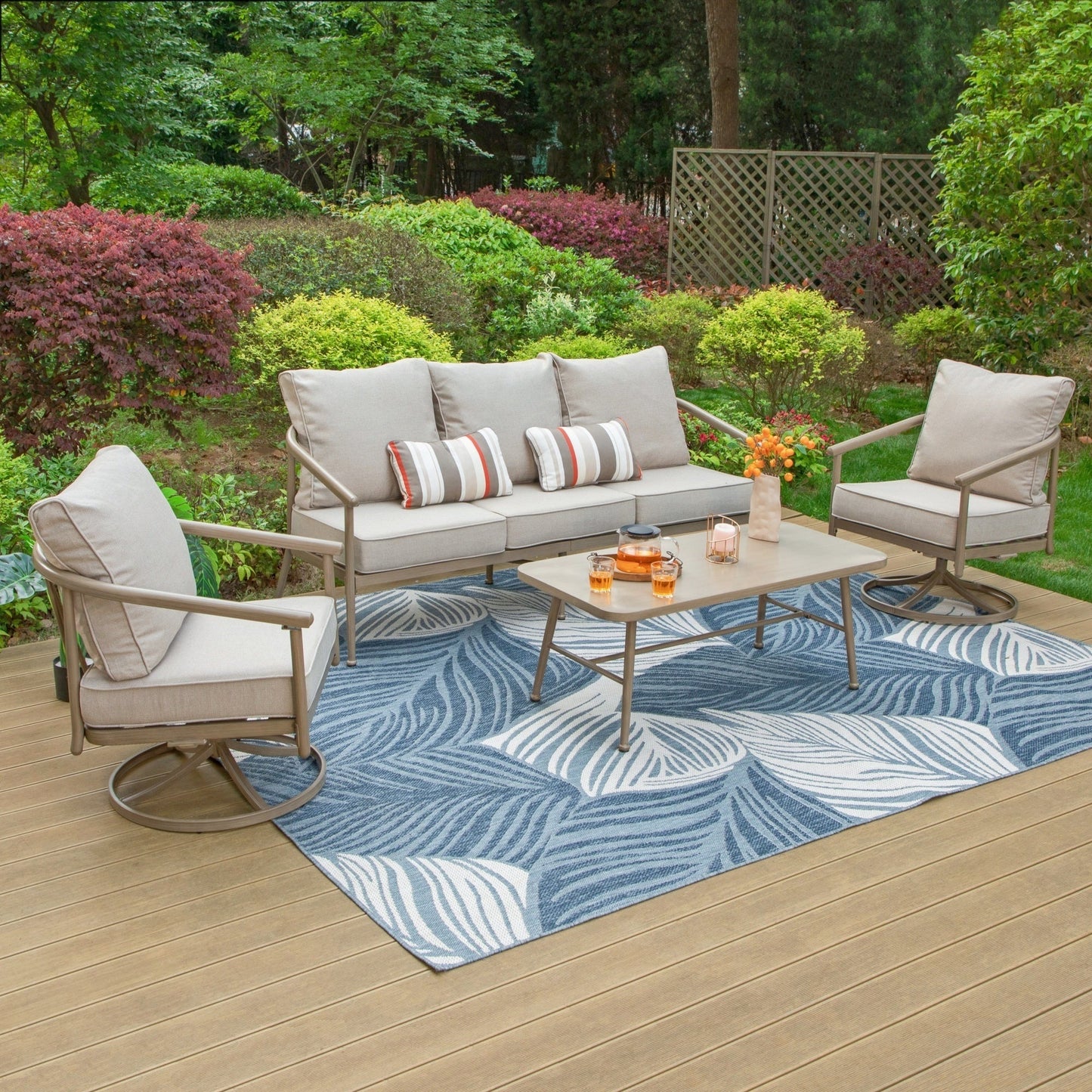 MAISON ARTS 4-Piece Outdoor Conversation Set with 3-Seat Sofa, 2 Swivel Chairs&Wood-look Table, 5-Person Seating Sofa Group with Cushions, wood brain & Beige