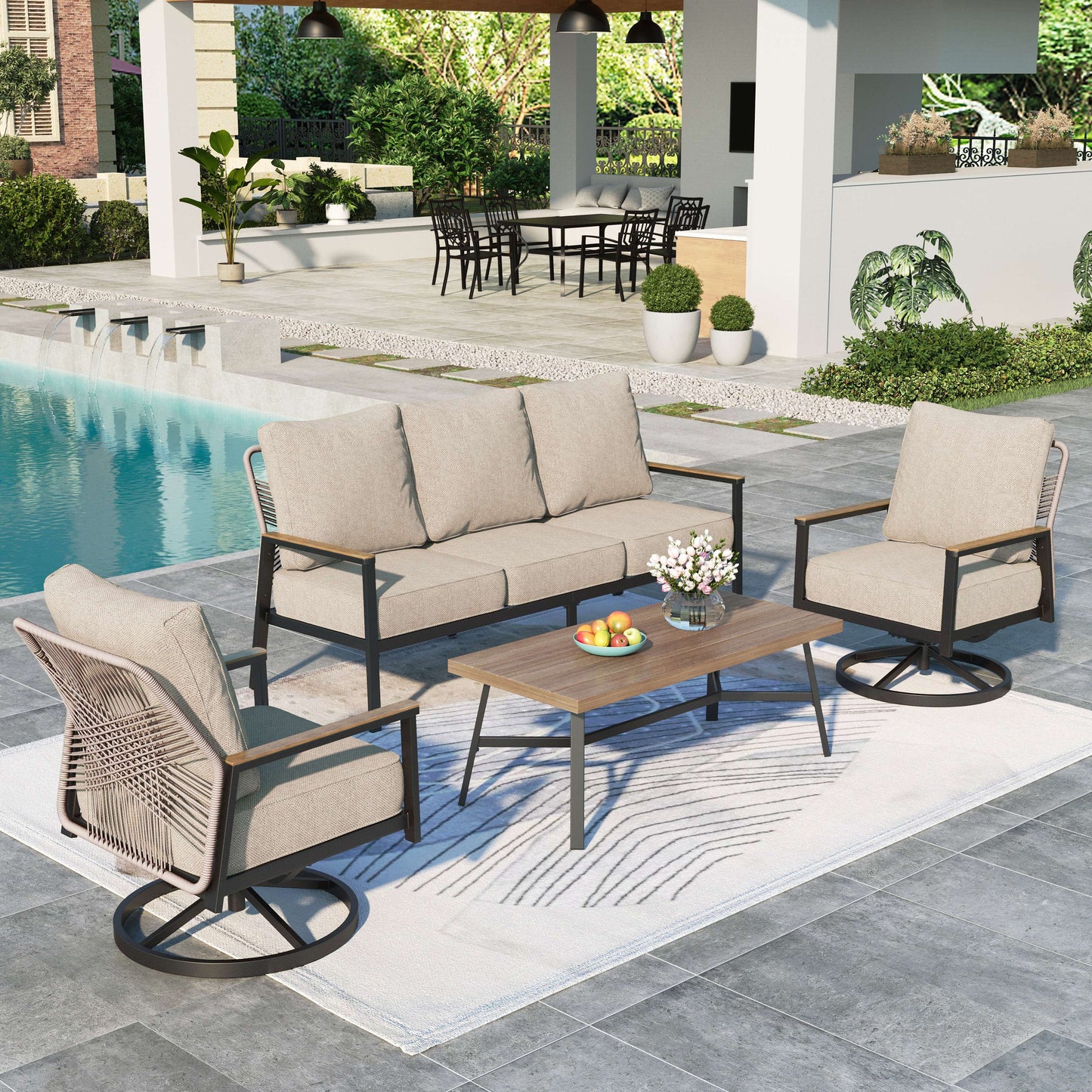 MAISON ARTS 5-Seat Patio Conversation Set, 2 Swivel Chairs & 3-Seat Sofa with Coffee Table, 4-Piece Rattan Outdoor Furniture Set, Beige