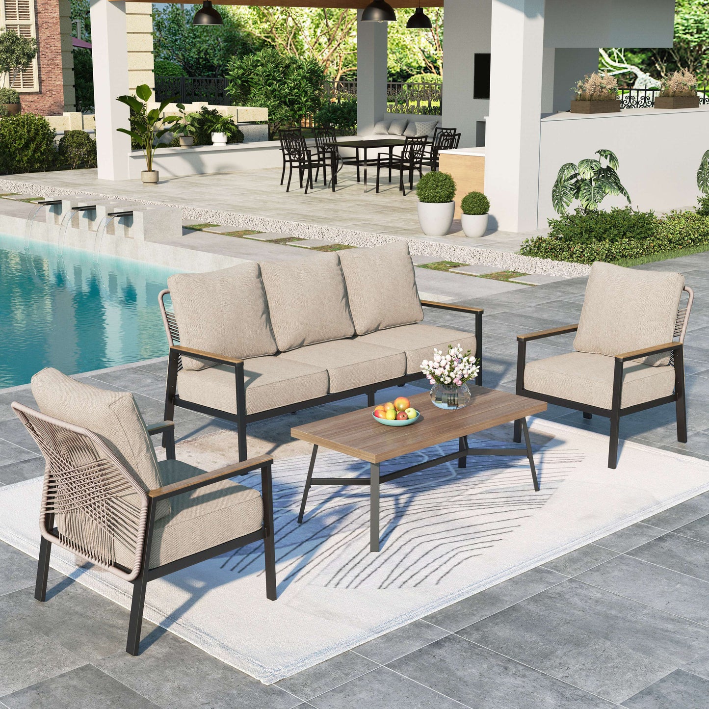 MAISON ARTS 5-Seat Patio Conversation Set, 2 Fixed Chairs & 3-Seat Sofa with Coffee Table, 4-Piece Rattan Outdoor Furniture Set, Beige